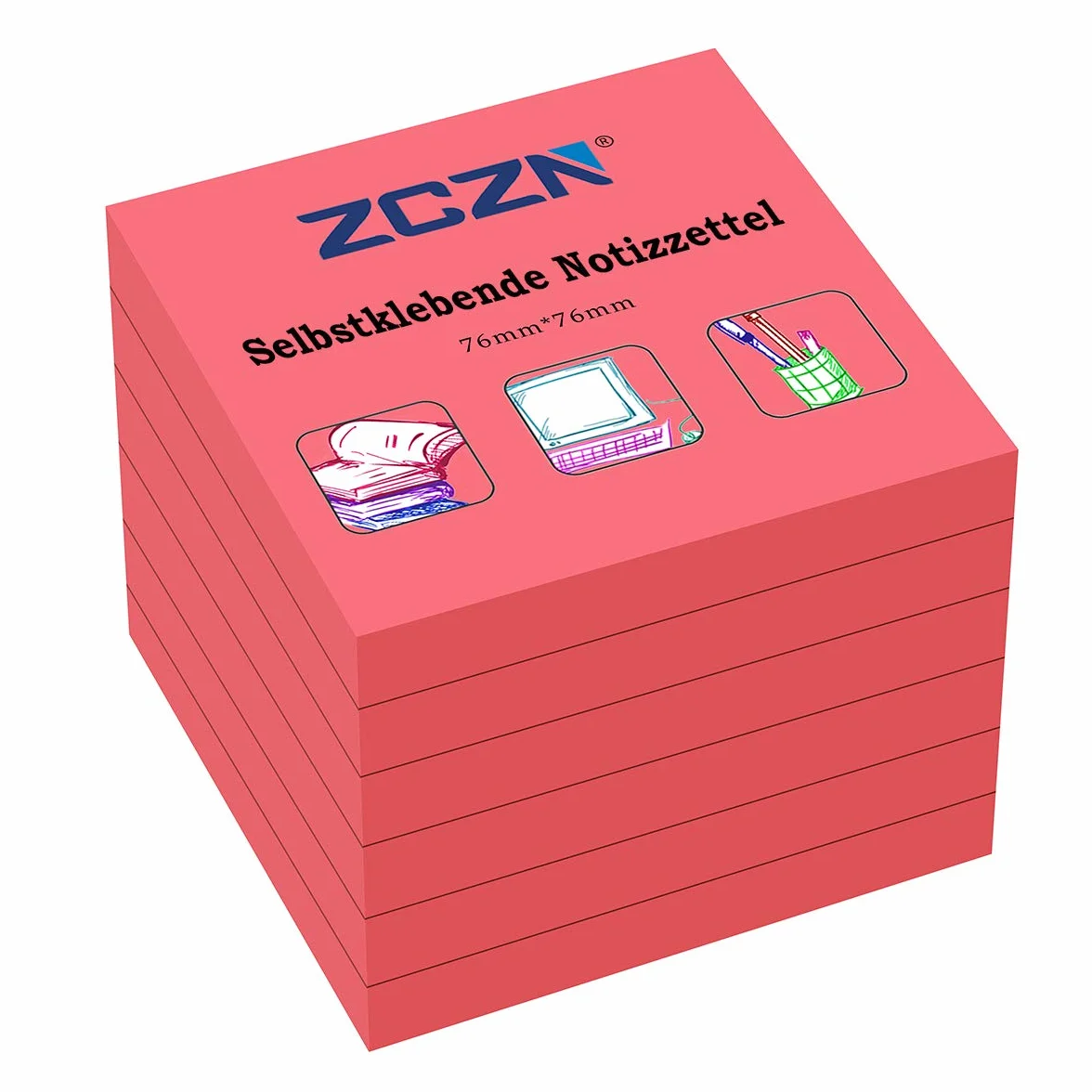 ZCZN karteczki samoprzylepne, 6 bloków, 80 arkuszy, 76 x 76 mm, kolor czerwony