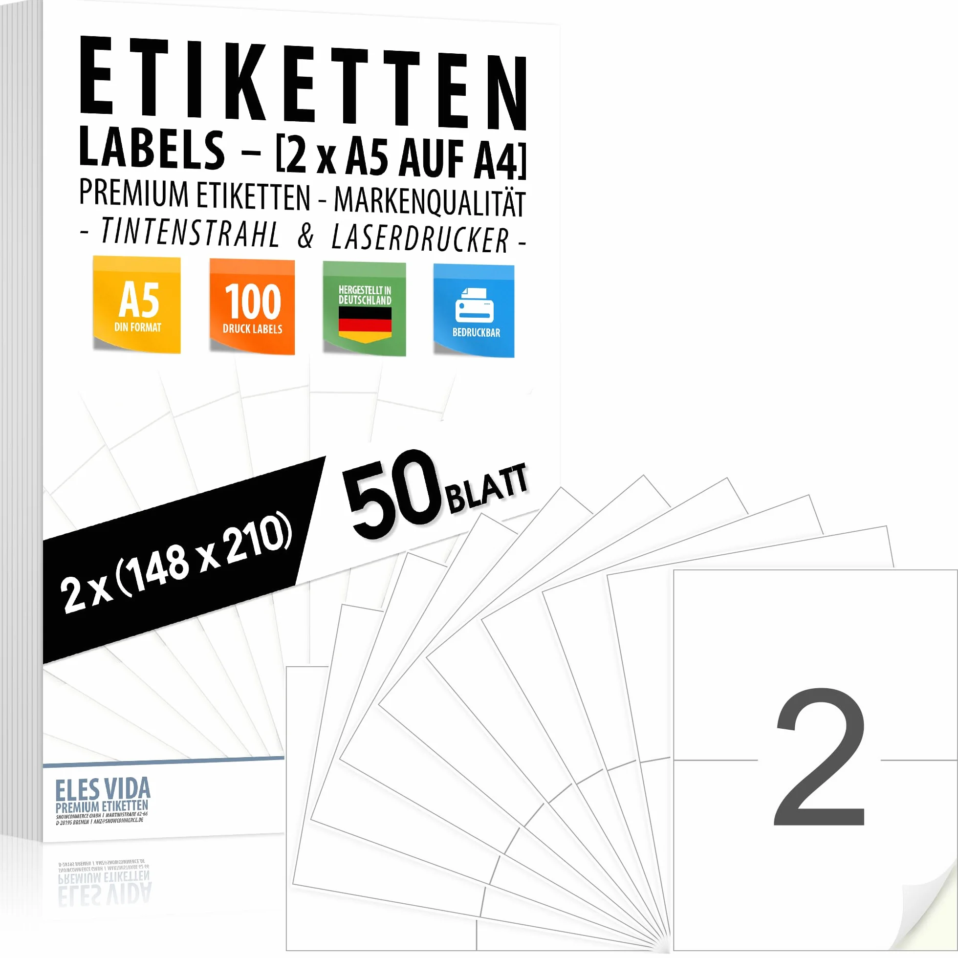 50 arkuszy samoprzylepnych etykiet DIN A5 (100 etykiet) - 2 na arkusz A4 210 x 148 mm, do zadruku, matowa biała powierzchnia, kompatybilne z drukarkami atramentowymi i laserowymi, do wielu zastosowań