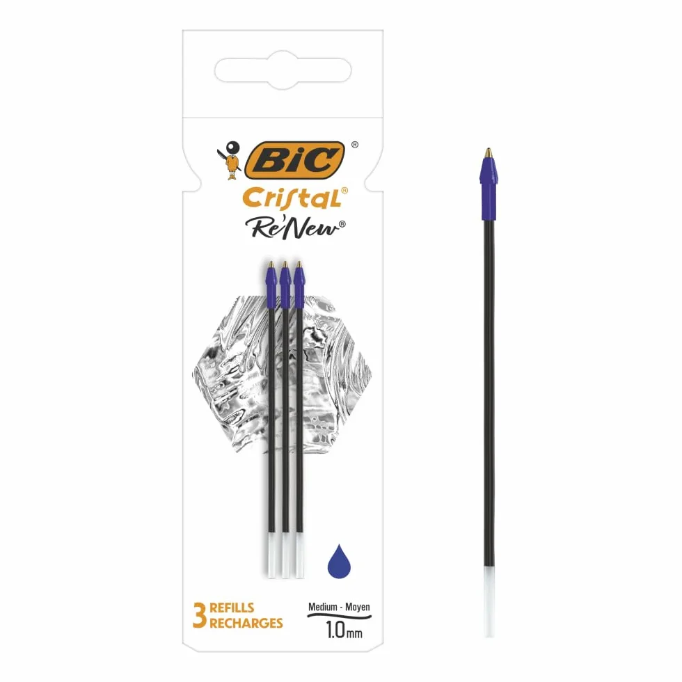 Bic Re'New 3 średnie niebieskie wkłady atramentowe do długopisu Crystal