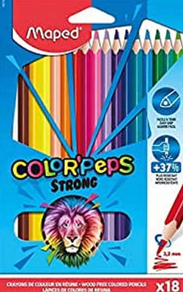 Maped - Kredki Strong Color'Peps – 18 kredek do malowania, bardzo wytrzymałe i ergonomiczne – karton z 18 ołówkami