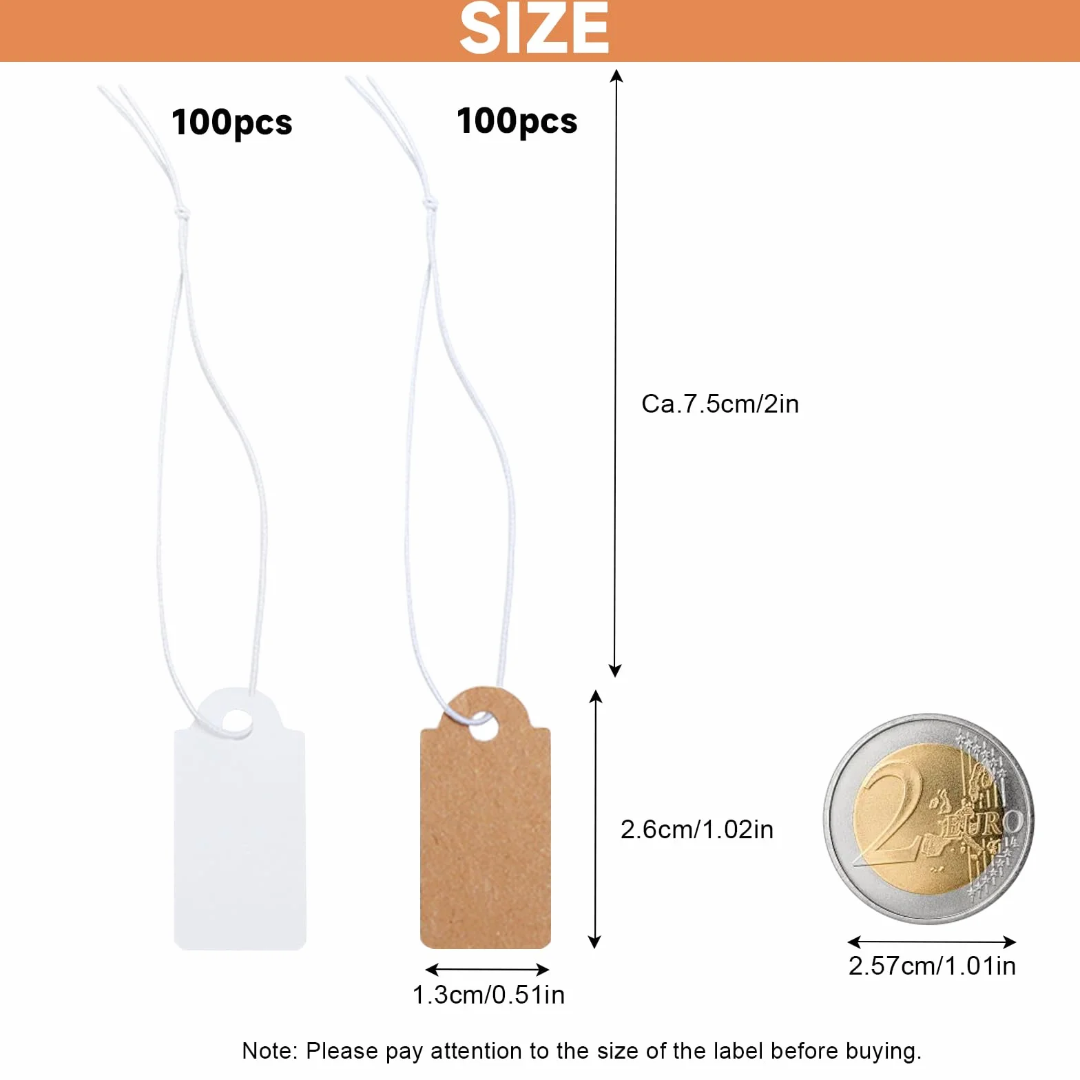 200 sztuk mini etykiet cenowych zawieszek z elastycznym sznurkiem, 26 x 13 mm, etykiety, białe i brązowe, na pchli targ na biżuterię, etykiety na ubrania, pchli targ