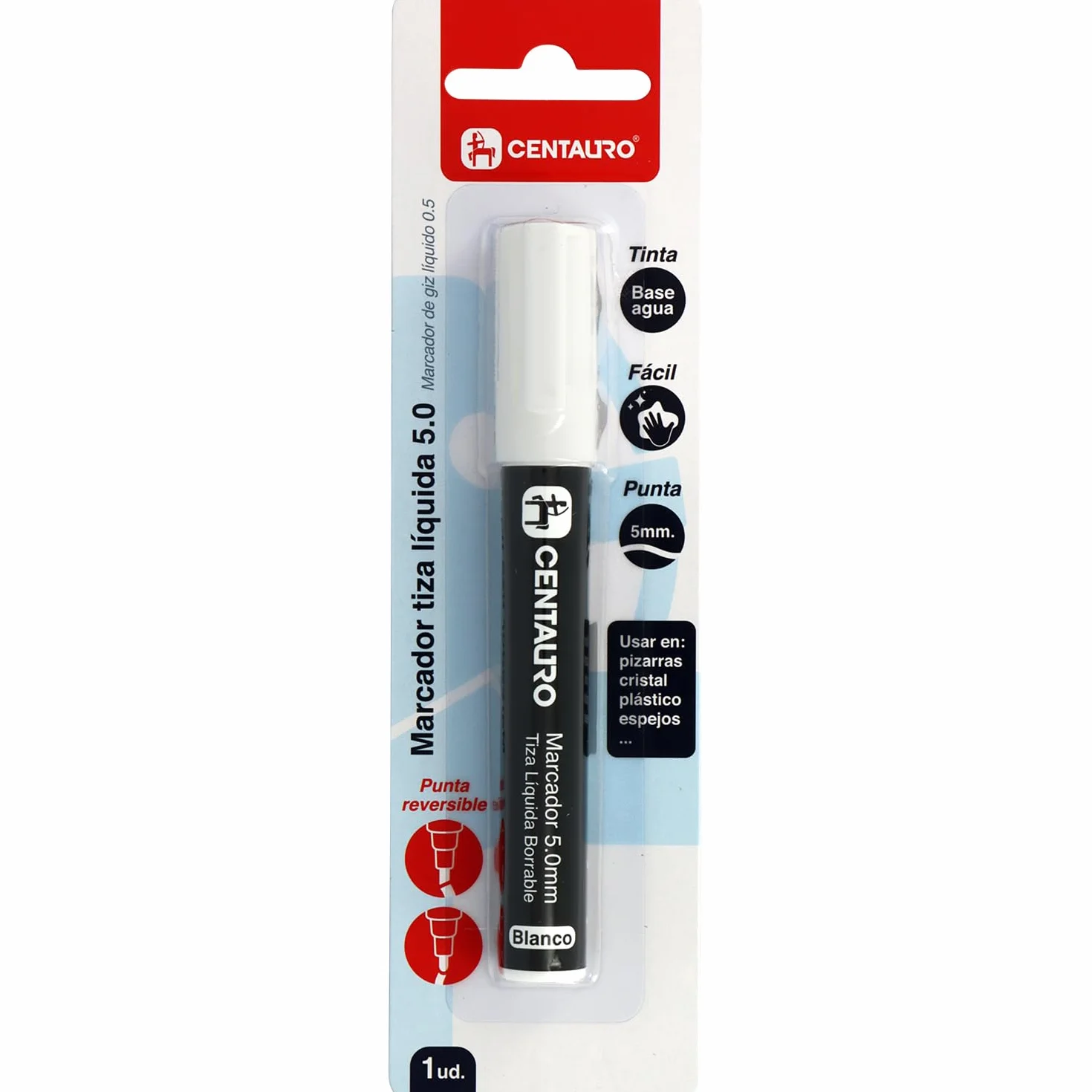 Centauro - Marker kredowy wymazywalny w płynie, biała końcówka 5 mm, tusz na bazie wody, stożkowa i fazowana dwustronna końcówka, idealna do tablic, szkła, tworzyw sztucznych lub luster