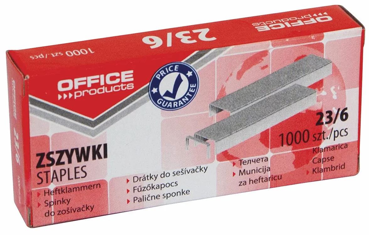 Zszywki OFFICE PRODUCTS 23/6 1000szt / Drobne Akcesoria Biurowe/Typ-Metalowe/Kolor-Srebrny/Rozmiar-23/6