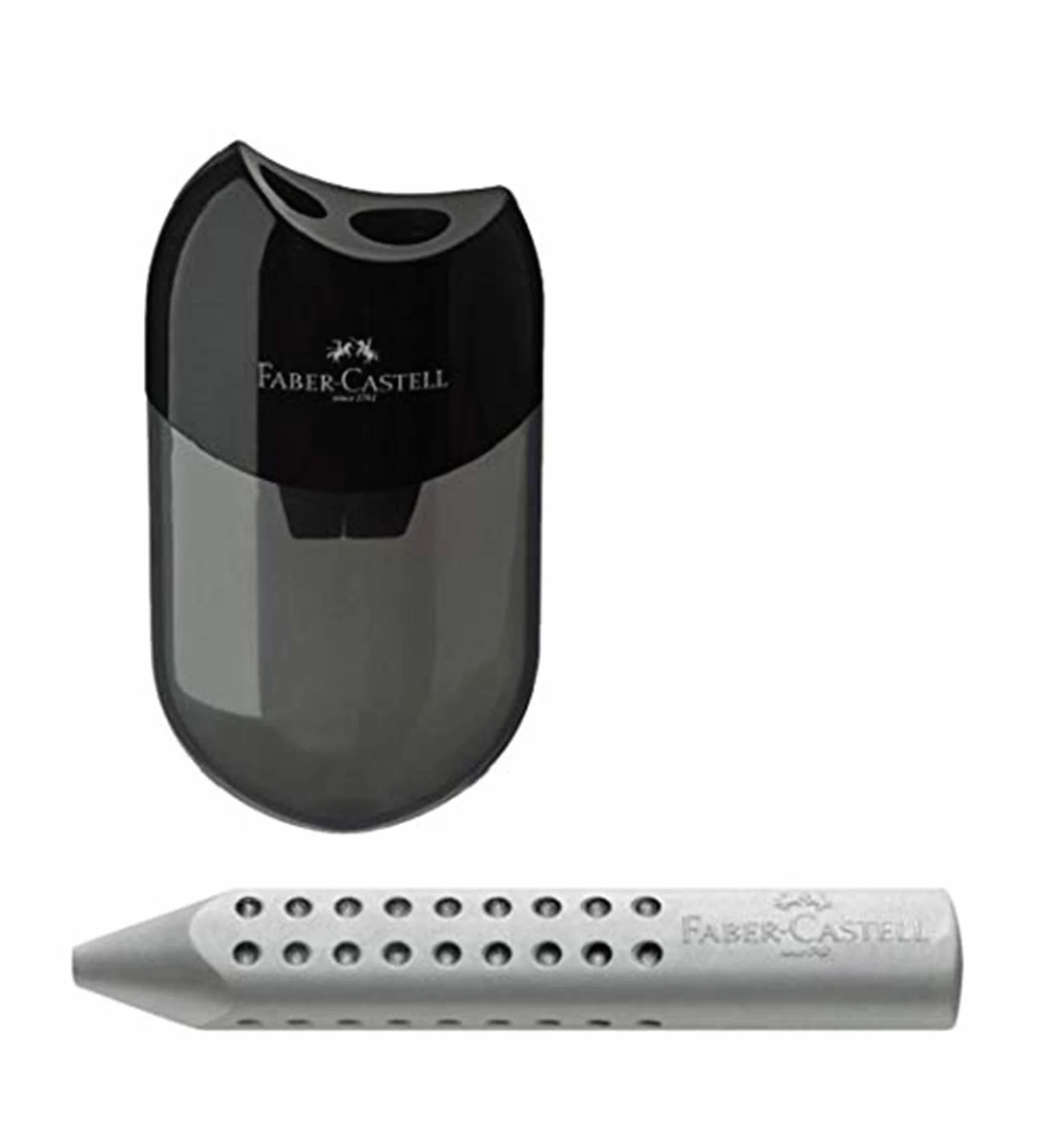 Faber-Castell 183500 podwójna temperówka, kolor obudowy: czarny/przezroczysty (1 temperówka + trójkątna gumka szara)
