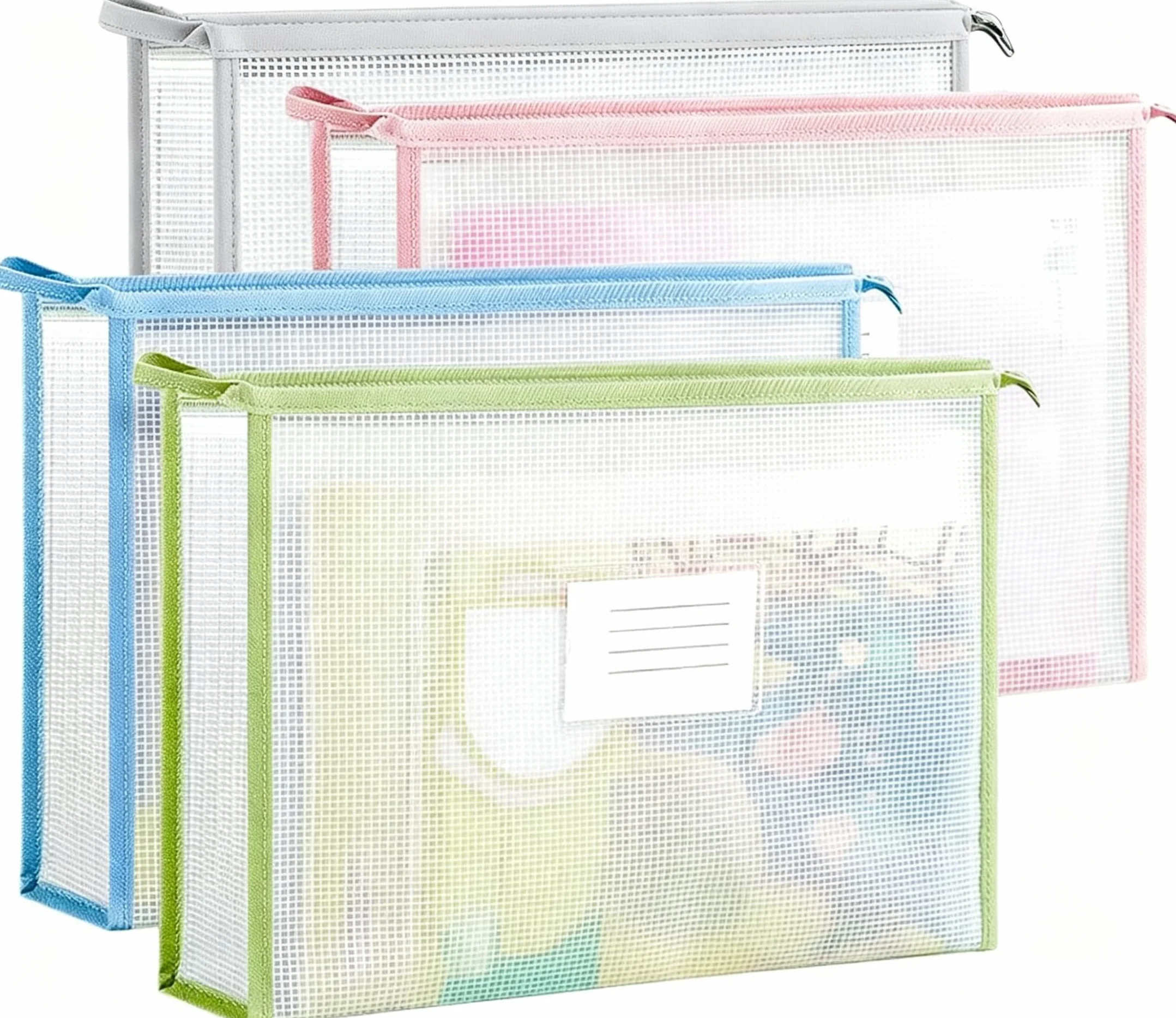 Teczka A4 Plastikowa z Zamkiem, 4 Sztuki Teczka z Suwakiem 3D Duża Pojemność, Przezroczysta Teczka na Dokumenty z Etykietą i Uchwytem, Teczka A4 do Biura Szkoły Domu