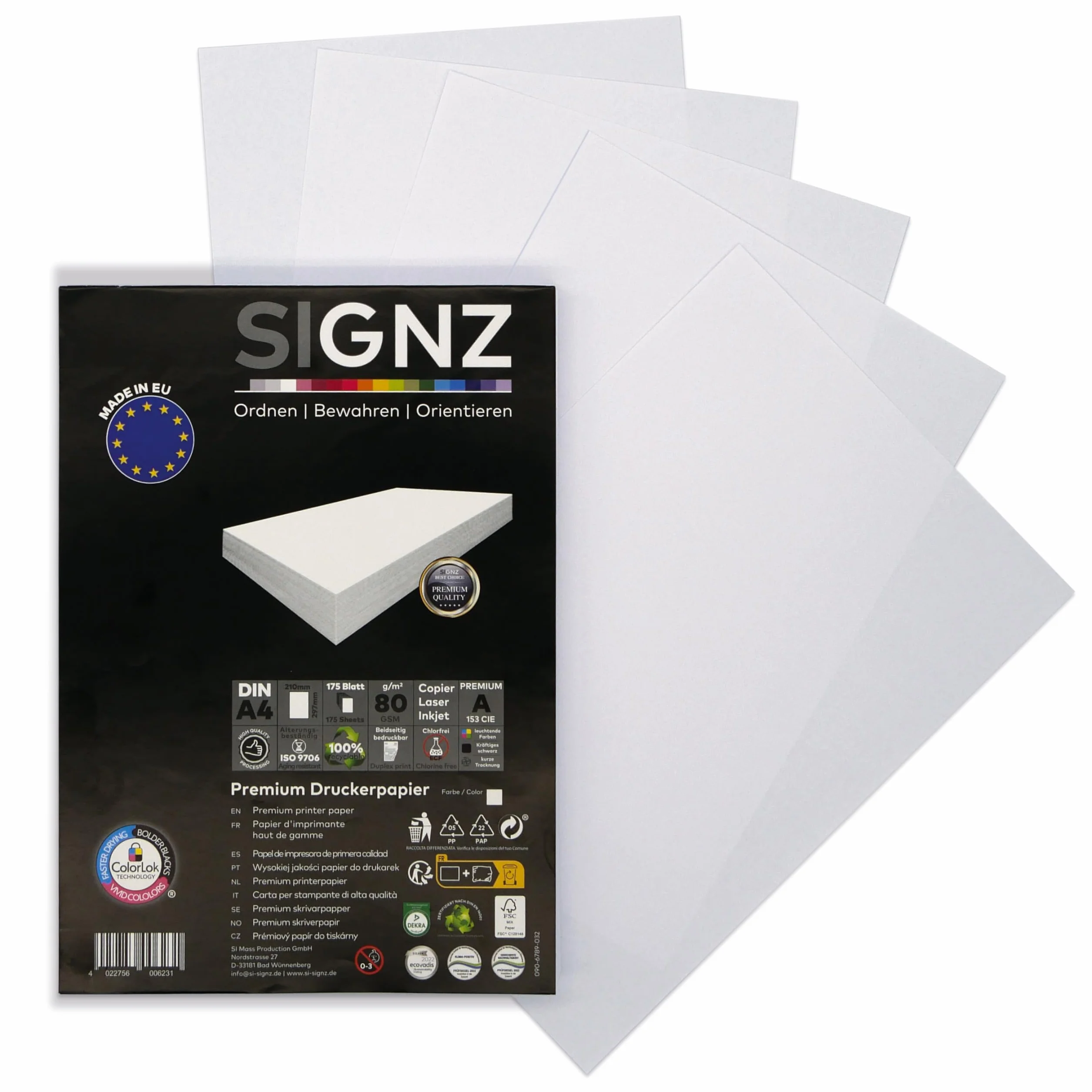 SIGNZ Papier do kopiowania, DIN A4, biały, 80 g, 175 arkuszy, papier do drukarek domowych i biurowych, FSC Mix 70%