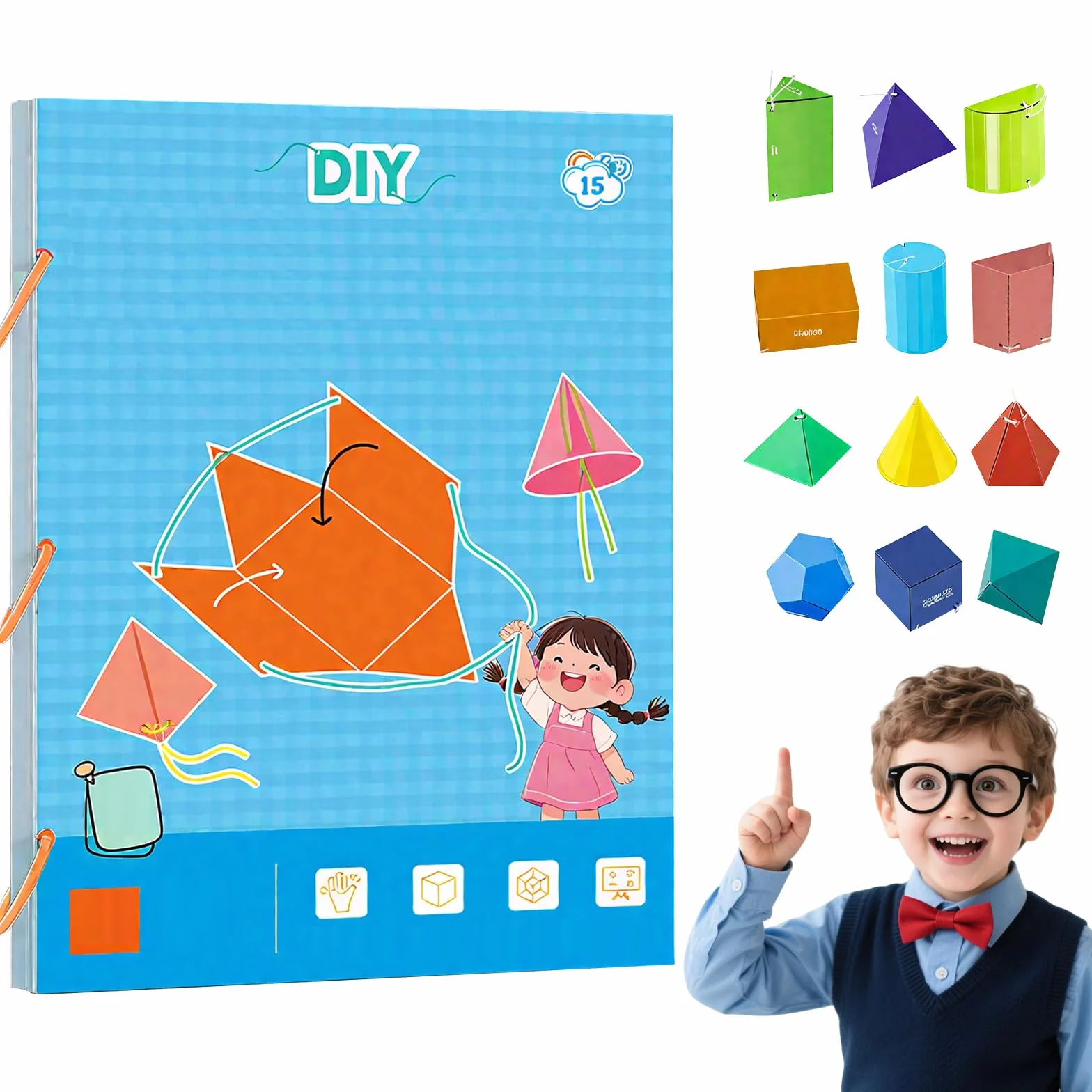 Pull String 3D Geometry Learning Book 15 modeli DIY książka do majsterkowania dla dzieci, myślenie przestrzenne, matematyka, pomoc w nauce, geometryczne kształty, trening z instrukcją wideo (może nie