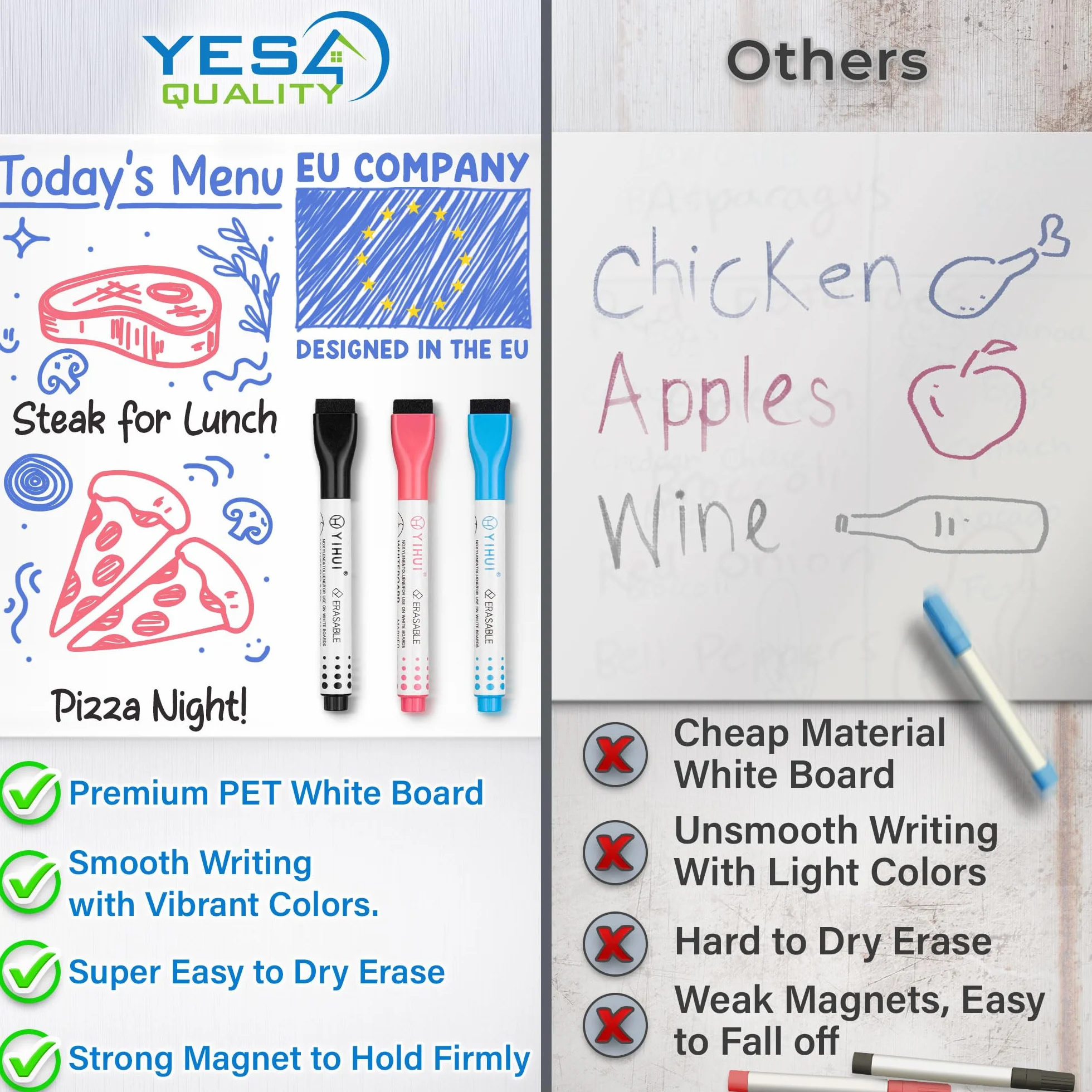 Magnetic Dry Erase Whiteboard Sheet for Fridge - A4 / 30x20 cm - Stain-Resistant w/ 3 Markers & Big Eraser with Magnet - by Yes4Quality