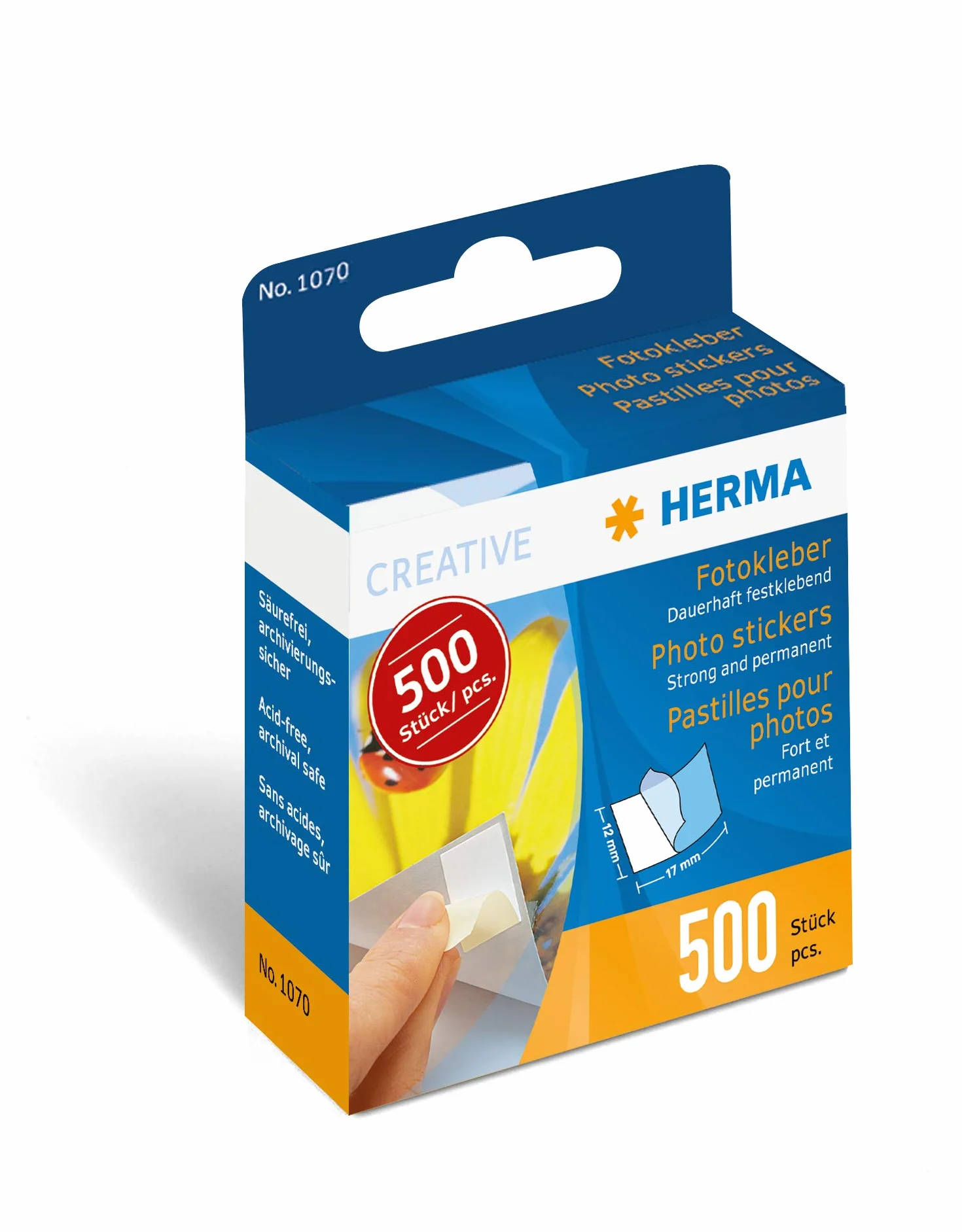 HERMA 1070 klejów do zdjęć, 500 sztuk, dwustronne samoprzylepne taśmy do albumów fotograficznych, scrapbookingu, księgi gości, fotoksiążki, podkładki samoprzylepne do zdjęć w pudełku z dozownikiem,