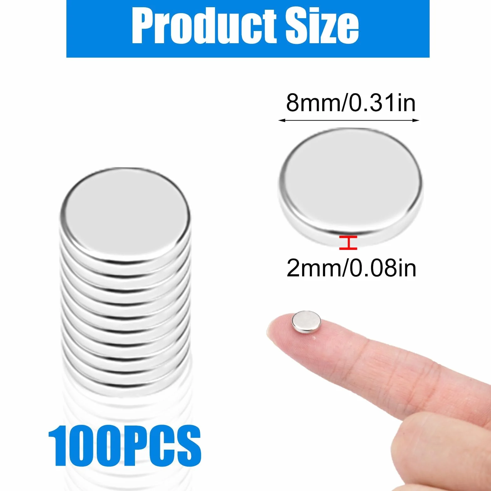 Zestaw 100 mini magnesów neodymowych, 8x2 mm, mocne, okrągłe, do tablic informacyjnych i lodówki