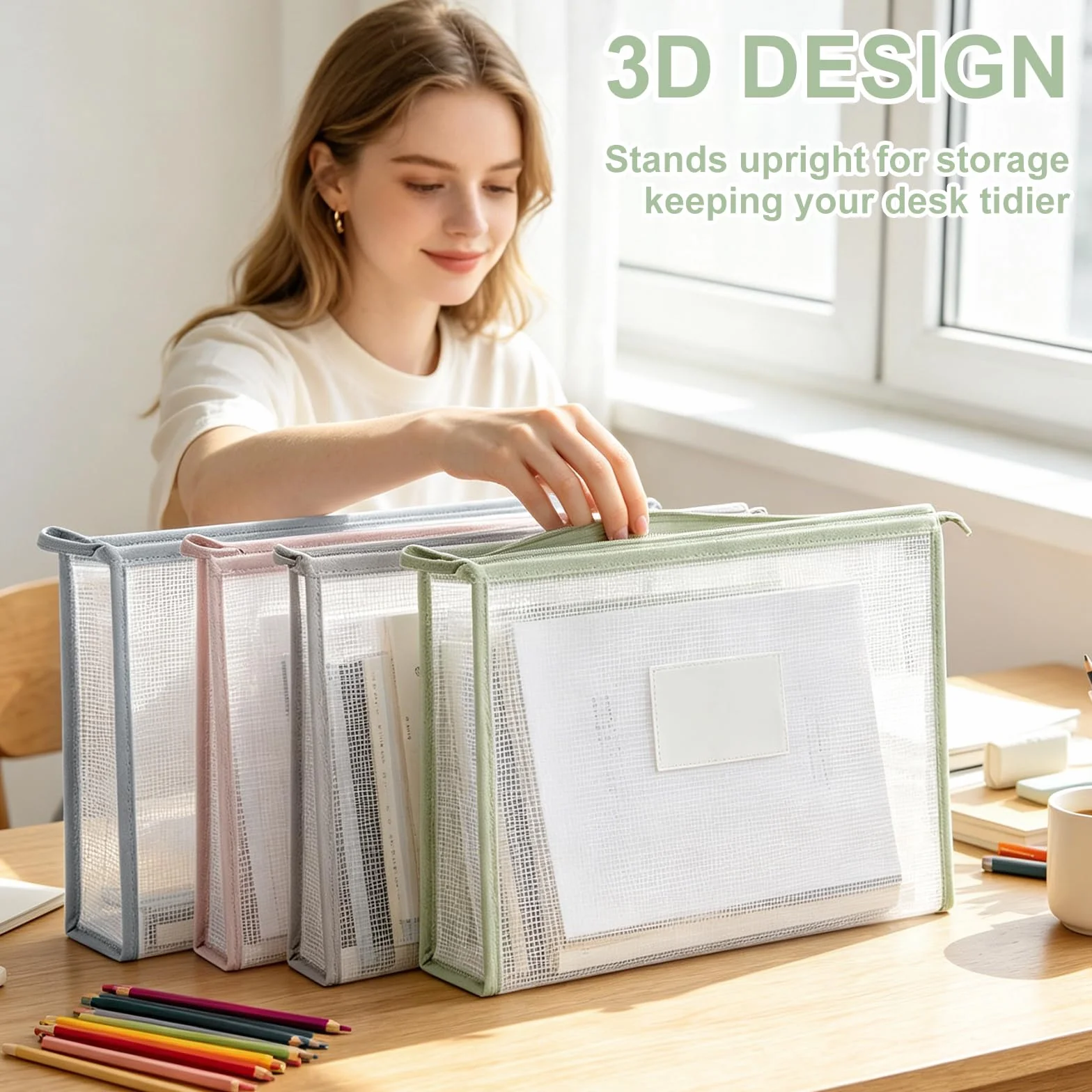 Teczka A4 Plastikowa z Zamkiem, 4 Sztuki Teczka z Suwakiem 3D Duża Pojemność, Przezroczysta Teczka na Dokumenty z Etykietą i Uchwytem, Teczka A4 do Biura Szkoły Domu
