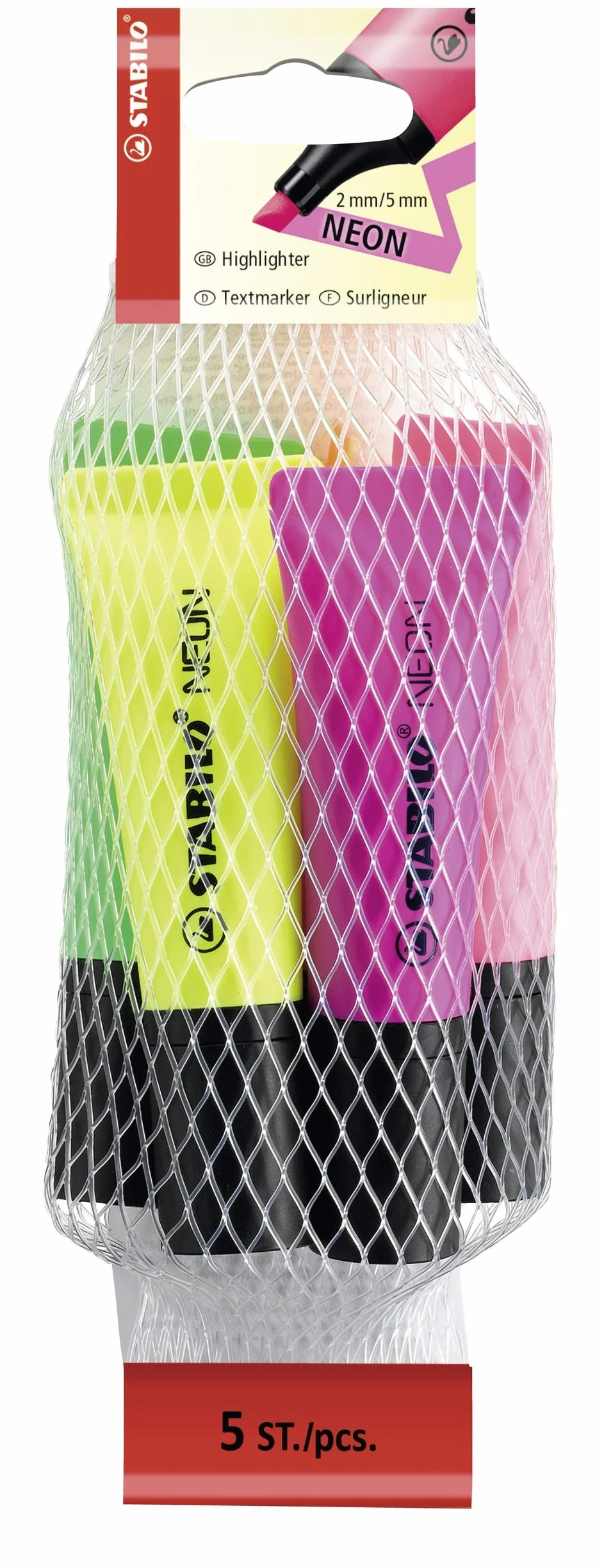 Zakreślacz - STABILO NEON siatka 5 szt. - kolory: żółty, zielony, pomarańczowy, różowy, magenta