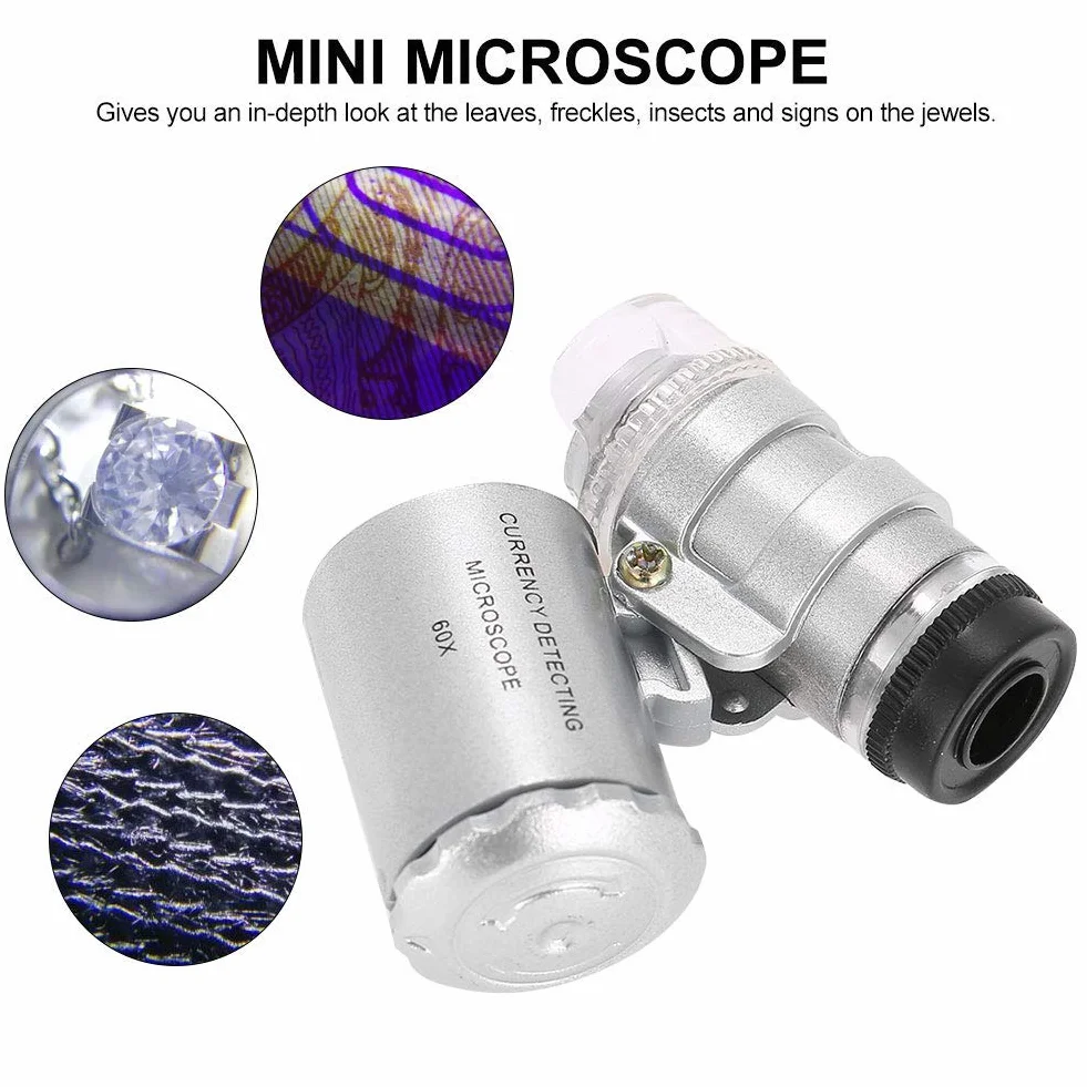 Mini mikroskop 60X, kieszonkowa lupa powiększająca ze światłem LED do wykrywania fałszywych walut i użytku w sklepie jubilerskim