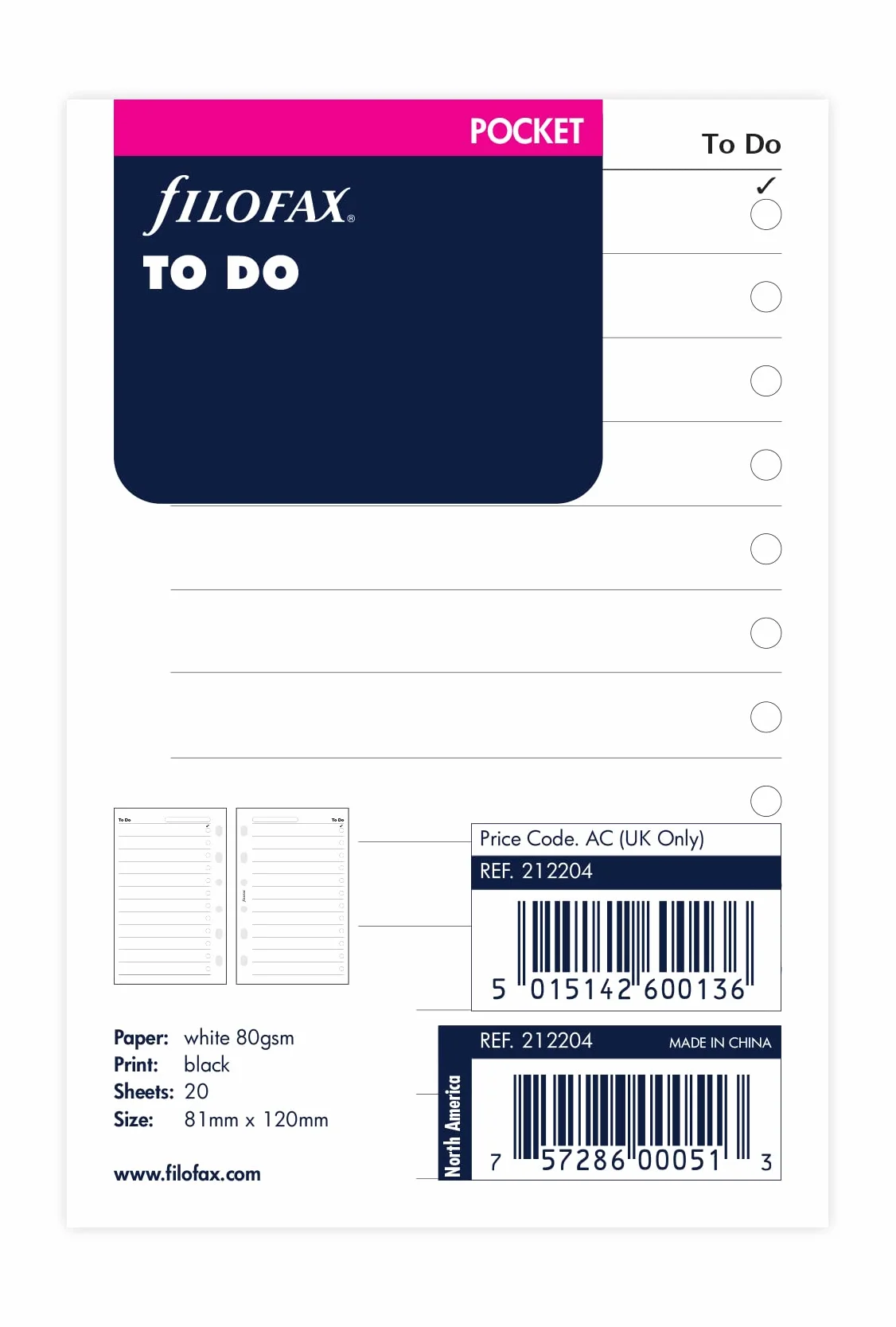 Filofax B212204 Wkład do Planera Biały 80K