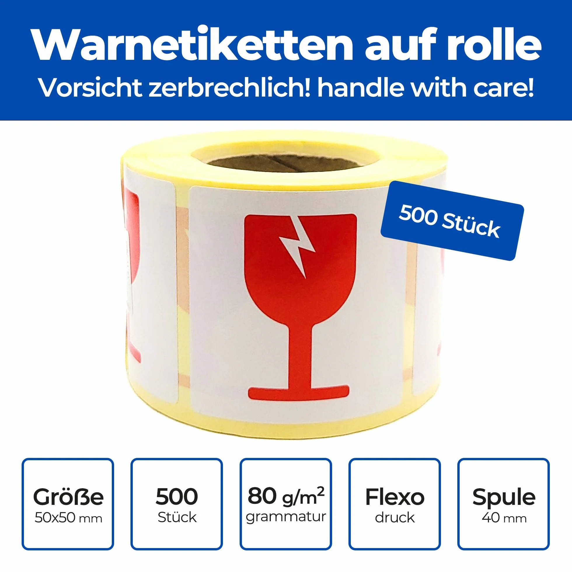 MD Labels Etykiety ostrzegawcze UWAGA SZKŁO 50x50 mm 500 szt czerwony kieliszek FRAGILE
