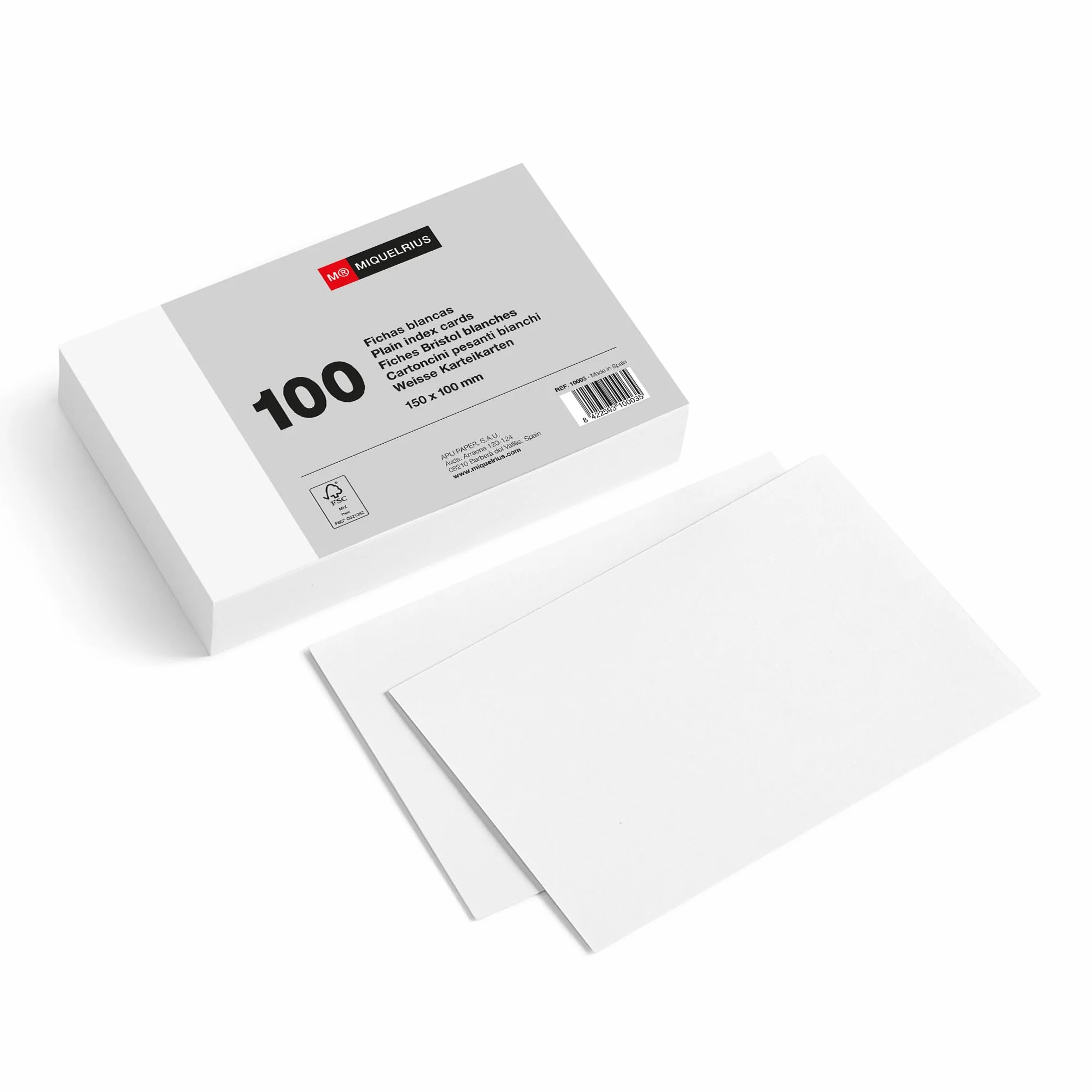 Miquelrius - Fiszki, 100 zwykłych kartek do notatek, karty do nauki, papier offsetowy 200 g/m², rozmiar 100 x 150 mm