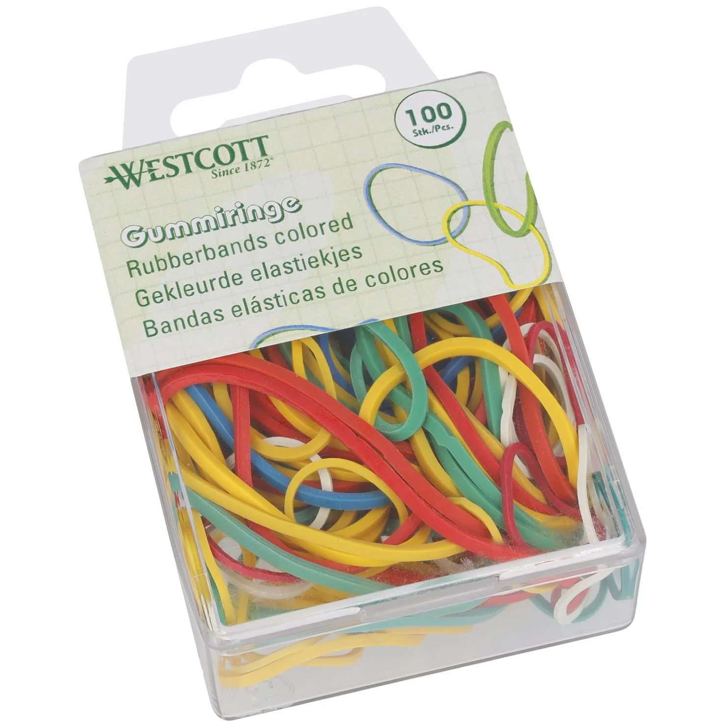 Westcott Gumki 100 sztuk | Kolorowe gumowe pierścienie w różnych rozmiarach w poręcznym plastikowym pojemniku | Opakowanie do przechowywania domowych gumek o średnicy 20 mm - 70 mm | E-10582 00
