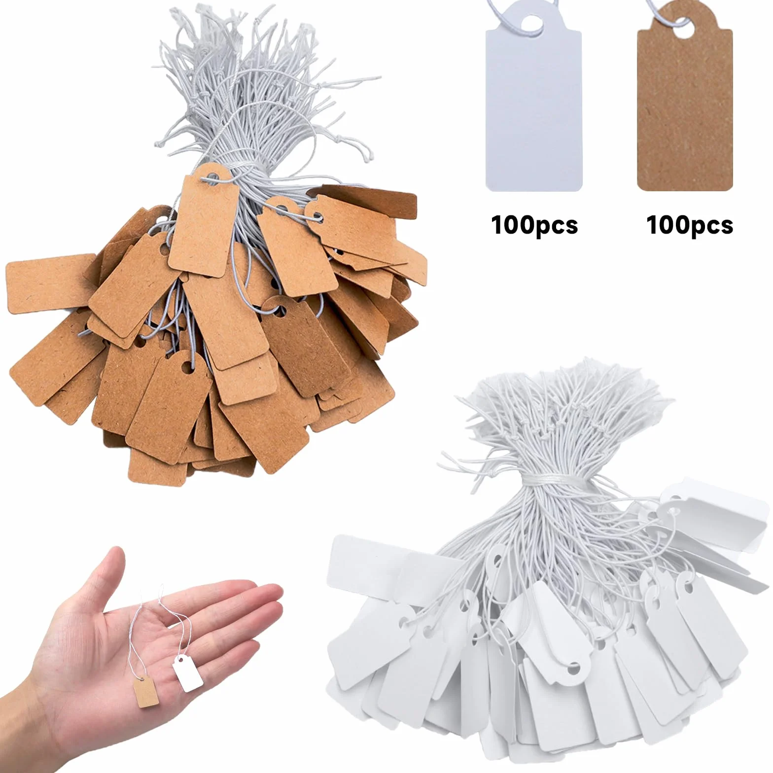 200 sztuk mini etykiet cenowych zawieszek z elastycznym sznurkiem, 26 x 13 mm, etykiety, białe i brązowe, na pchli targ na biżuterię, etykiety na ubrania, pchli targ