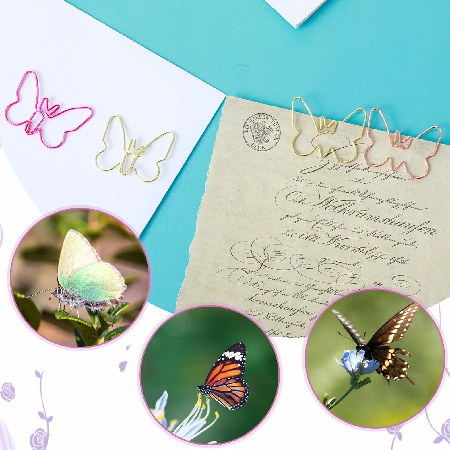 30 szt. uroczych spinaczy do papieru w kształcie motyla, różowe złoto, żółte złoto i różowy, 1,37 x 2,6 cm, zabawne urocze spinacze do papieru, do szkoły, materiały biurowe, dekoracja na przyjęcie