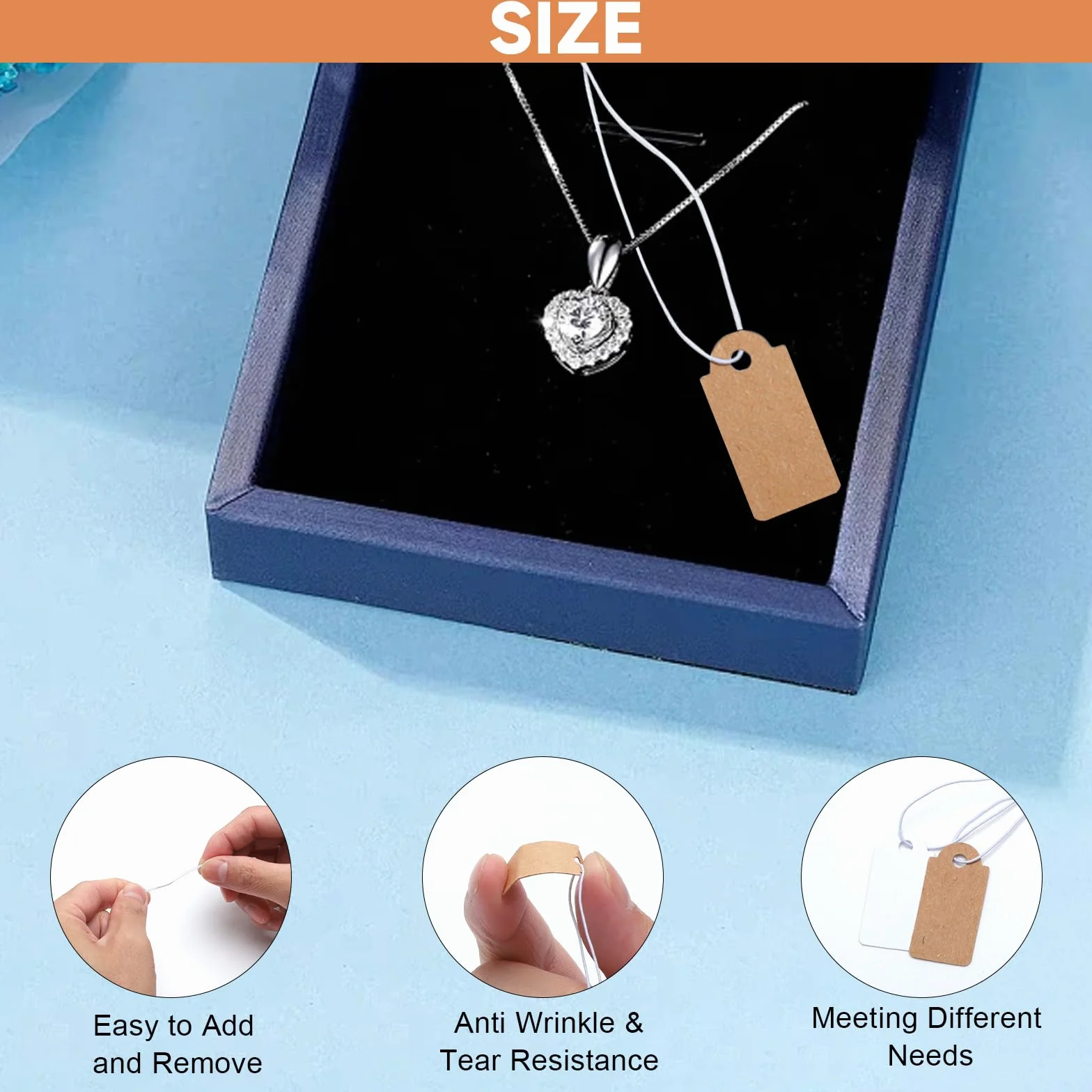 200 sztuk mini etykiet cenowych zawieszek z elastycznym sznurkiem, 26 x 13 mm, etykiety, białe i brązowe, na pchli targ na biżuterię, etykiety na ubrania, pchli targ