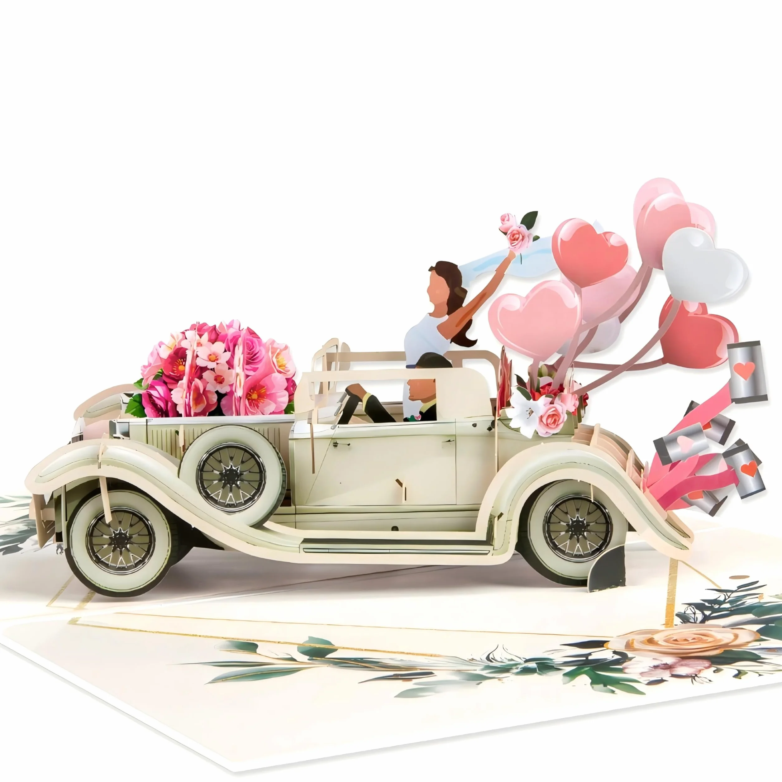 Kartka 3D z życzeniami z okazji ślubu – Just Married kartka z życzeniami z okazji samochodu z parą młodą i balonami w kształcie serca, romantyczna kartka ślubna z okazji ślubu, urząd stanu
