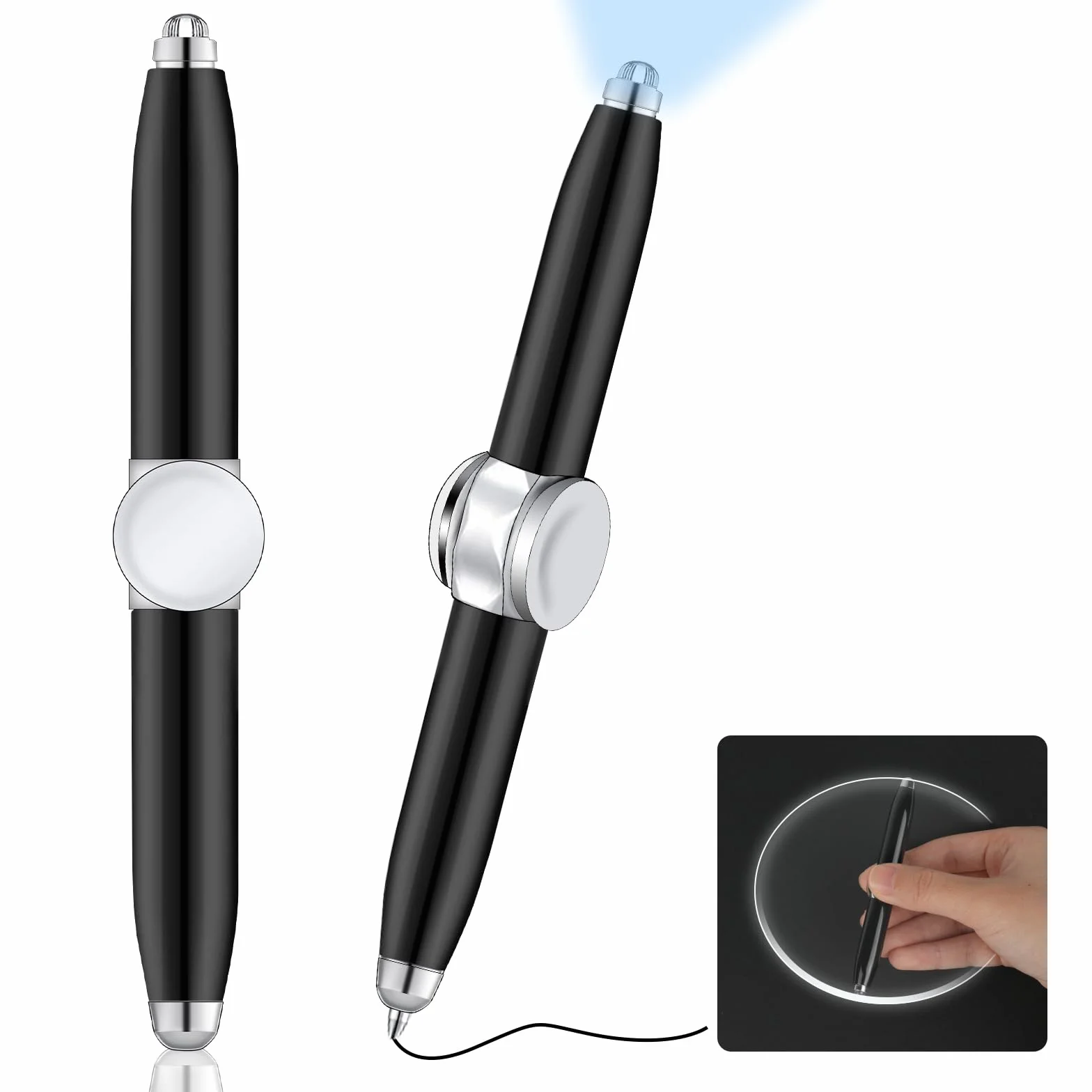 AUAUY 2 szt. Fidget Pen z oświetleniem LED, wielofunkcyjny długopis spinningowy pomaga myśleć i łagodzić stres, antystresowy długopis prezentowy dla dorosłych, studentów, dzieci, czarny, 2 szt