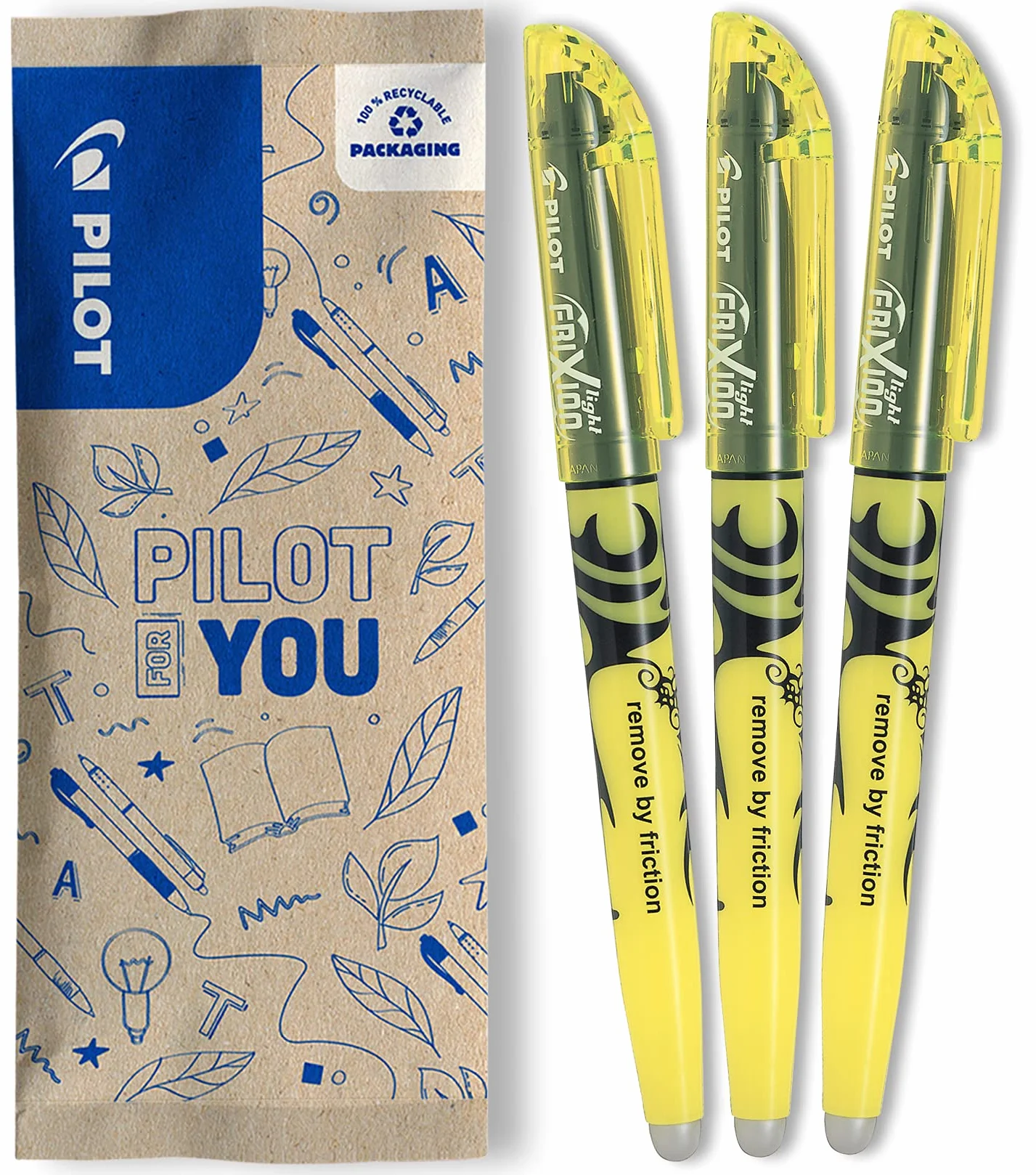 Pilot Frixion Light FLW538646 Zakreślacz, Żółty, 3 Sztuki