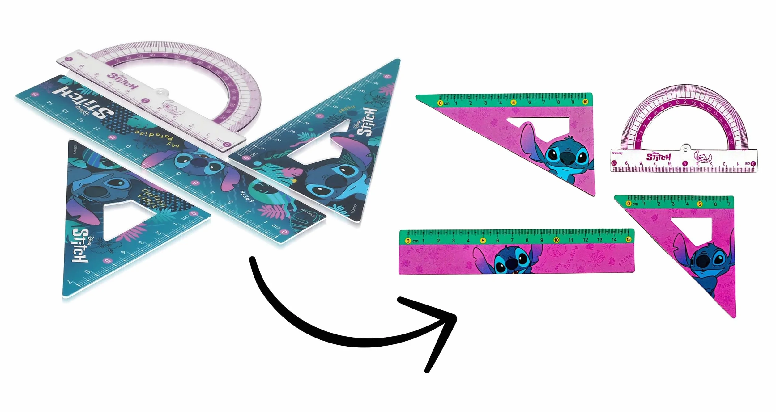 DISNEY Stitch Zestaw przyborów szkolnych, przybory geometryczne 4 elementy