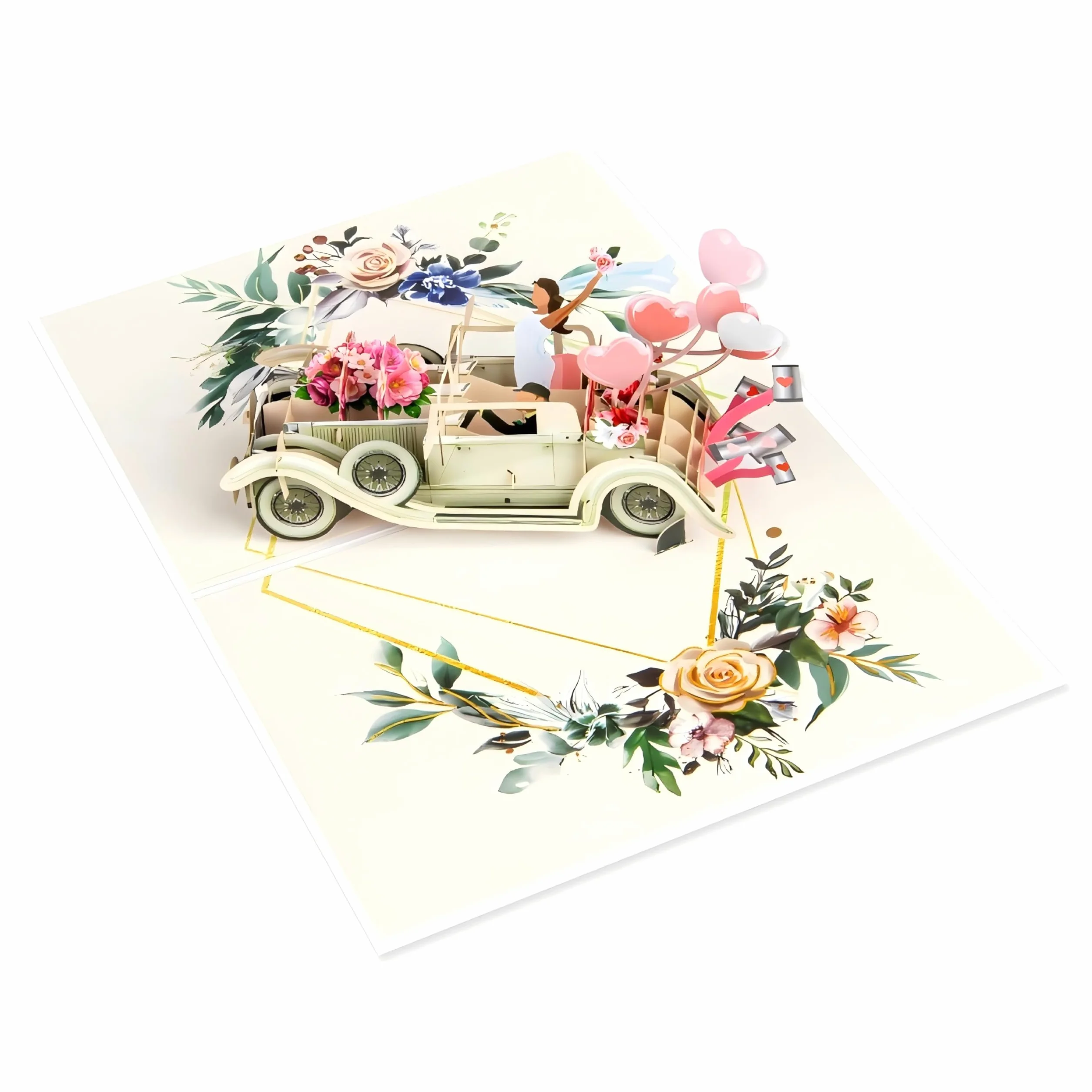 Kartka 3D z życzeniami z okazji ślubu – Just Married kartka z życzeniami z okazji samochodu z parą młodą i balonami w kształcie serca, romantyczna kartka ślubna z okazji ślubu, urząd stanu
