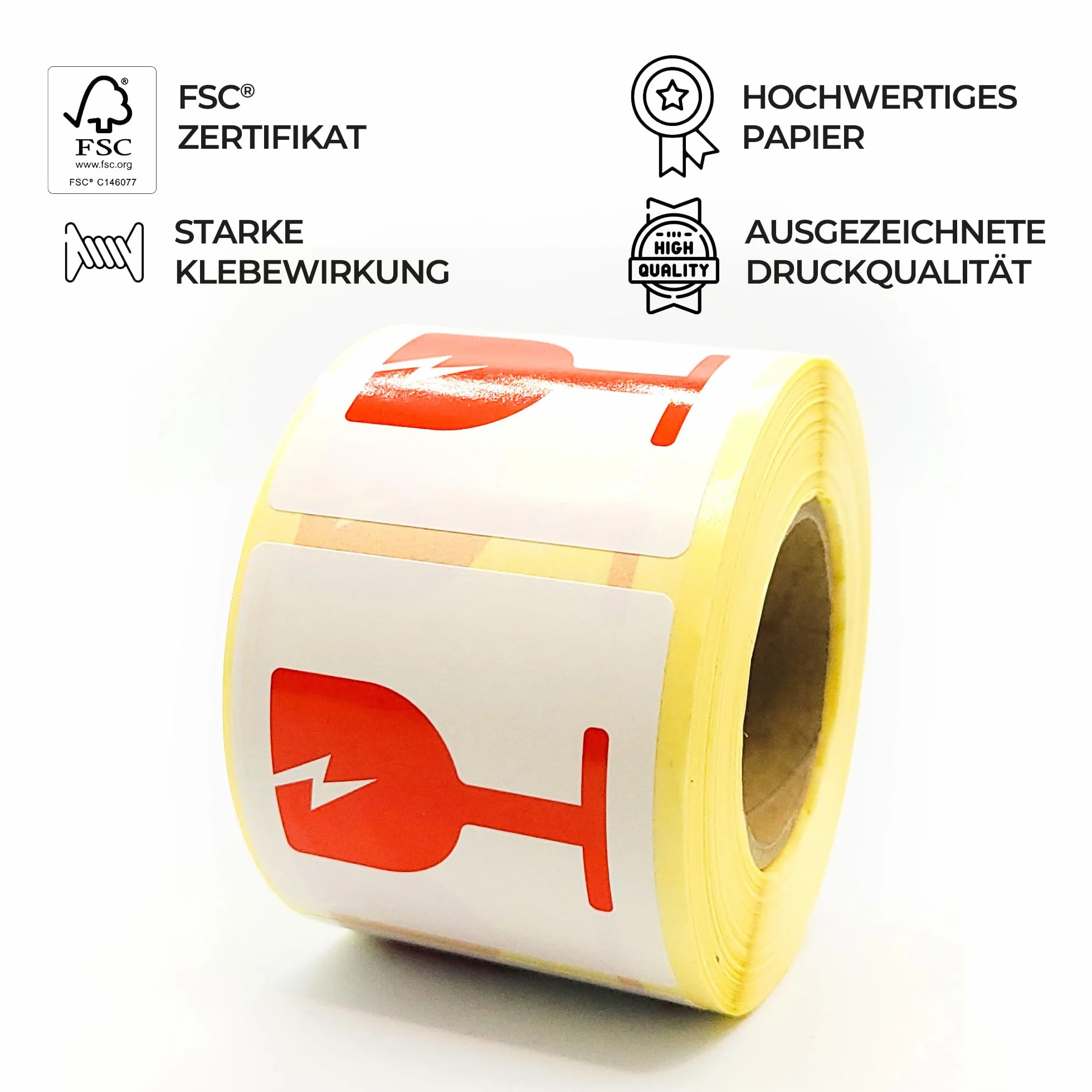 MD Labels Etykiety ostrzegawcze UWAGA SZKŁO 50x50 mm 500 szt czerwony kieliszek FRAGILE