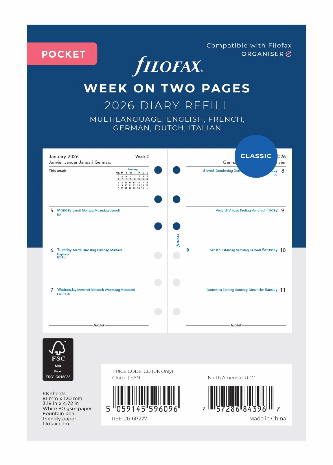Filofax Pocket week on two pages 5 language 2026 diary 26-68227