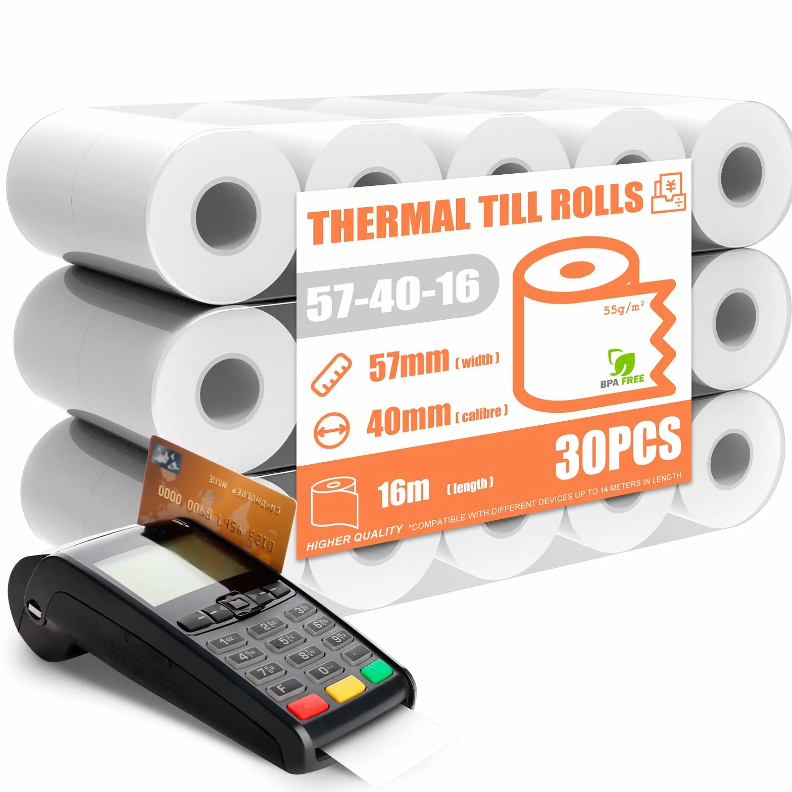 Gorąca Cewka 57 mm x 16 m x 40 mm, Rolka do Kasy, Bankomat i Czytnik Kart Kredytowych Hot Cewka, Terminal POS (30 Cewek)