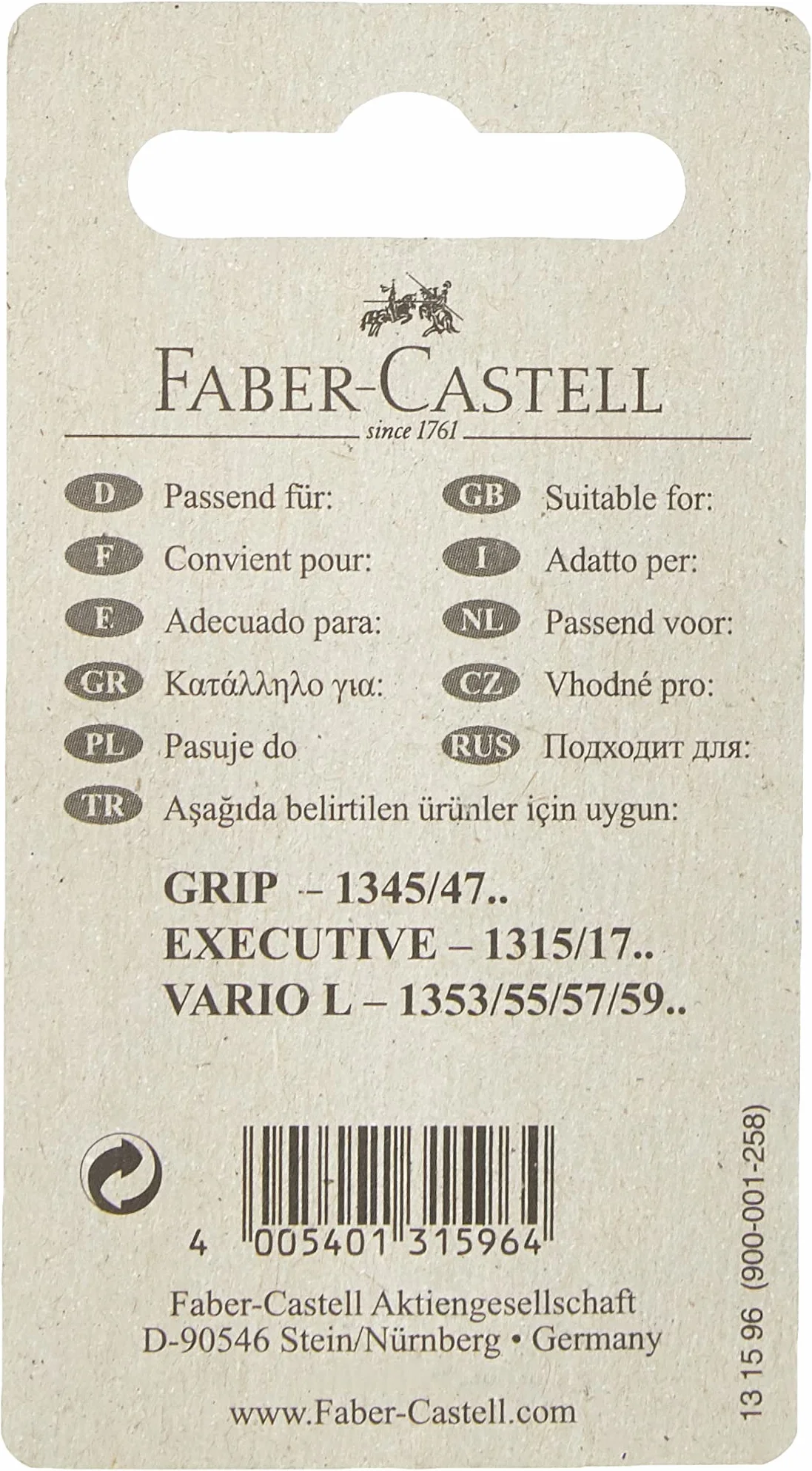 FABER-CASTELL 131596 – zapasowe gumki do ołówków automatycznych Grip 1345/1347, 3 sztuki