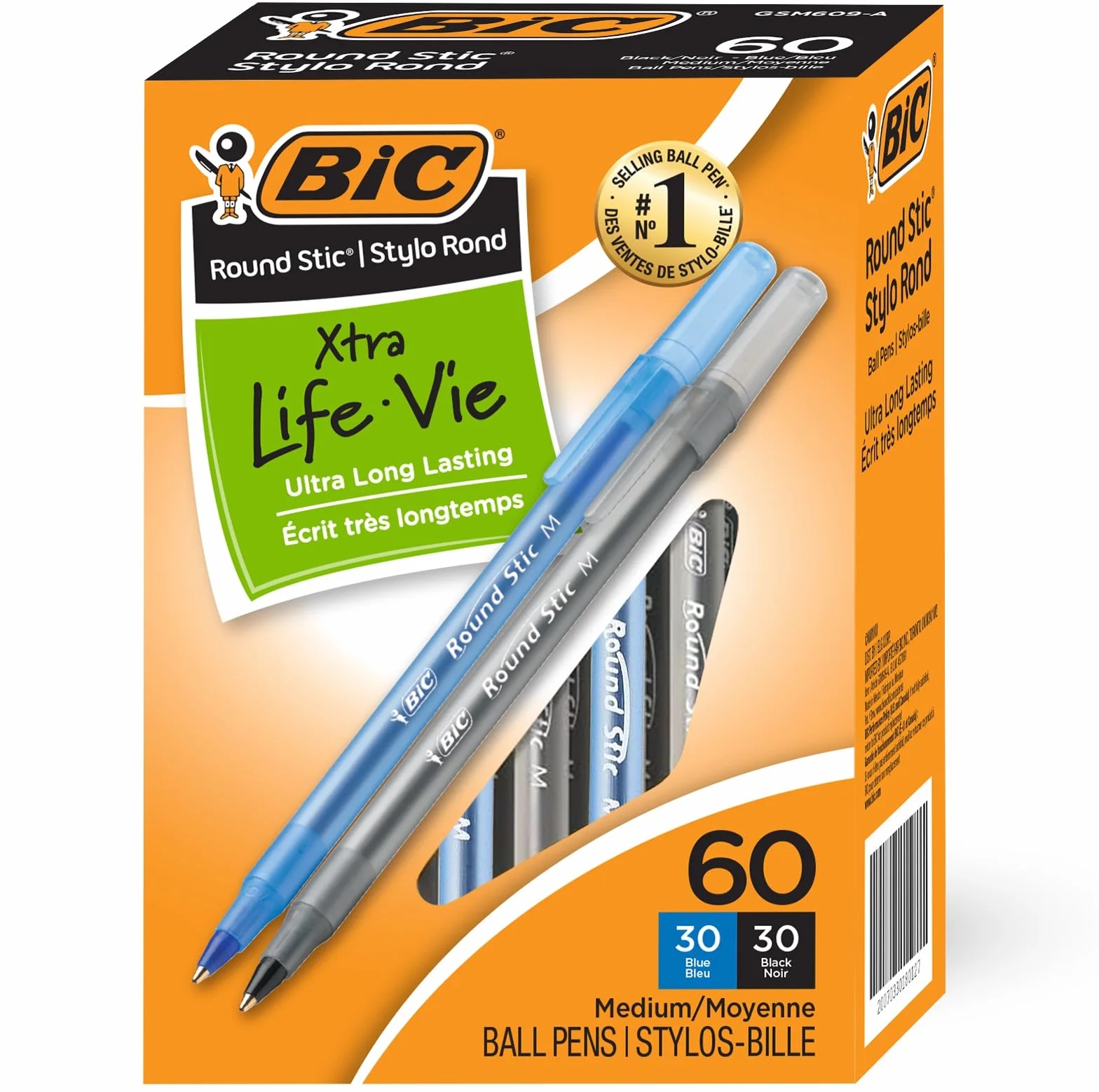 BIC Okrągłe długopisy Stic Xtra Life - 60 sztuk długopisów zbiorczych - średnia końcówka 1,0 mm, 30 czarnych i 30 niebieskich długopisów Combo Pack