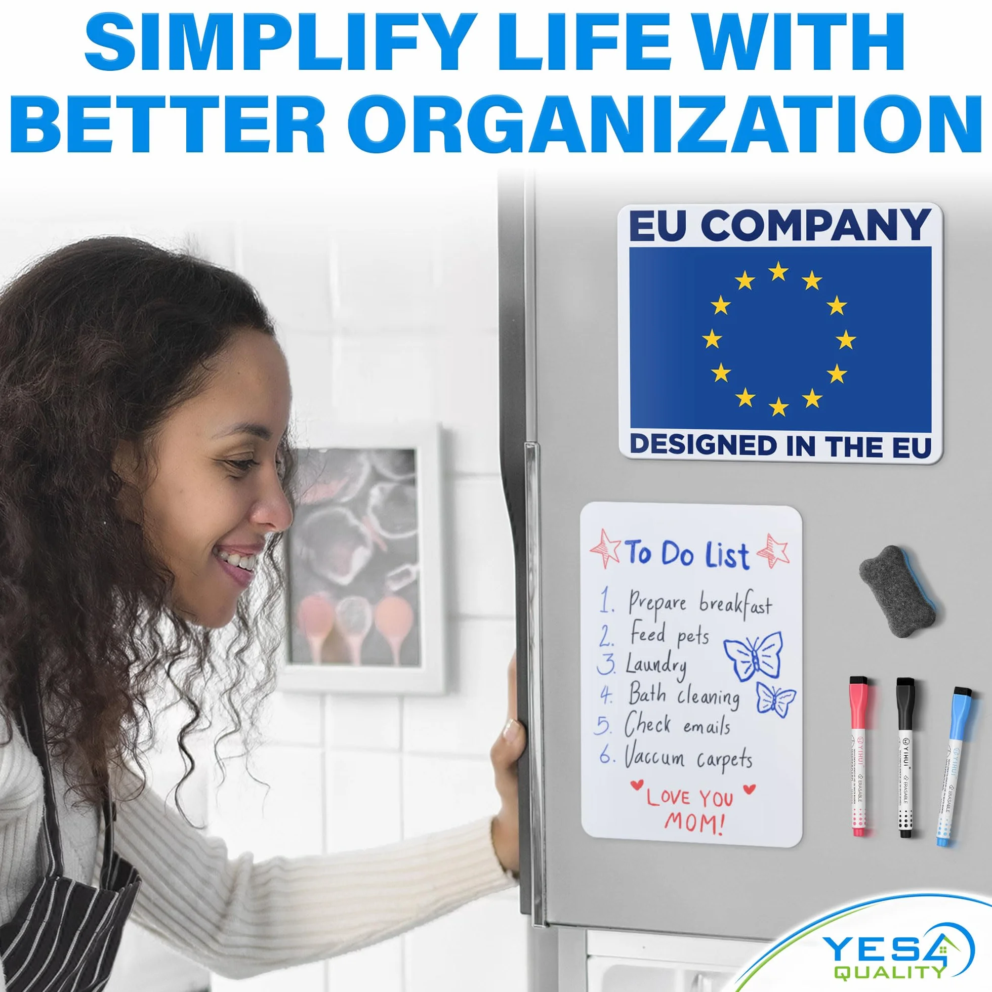 Magnetic Dry Erase Whiteboard Sheet for Fridge - A4 / 30x20 cm - Stain-Resistant w/ 3 Markers & Big Eraser with Magnet - by Yes4Quality