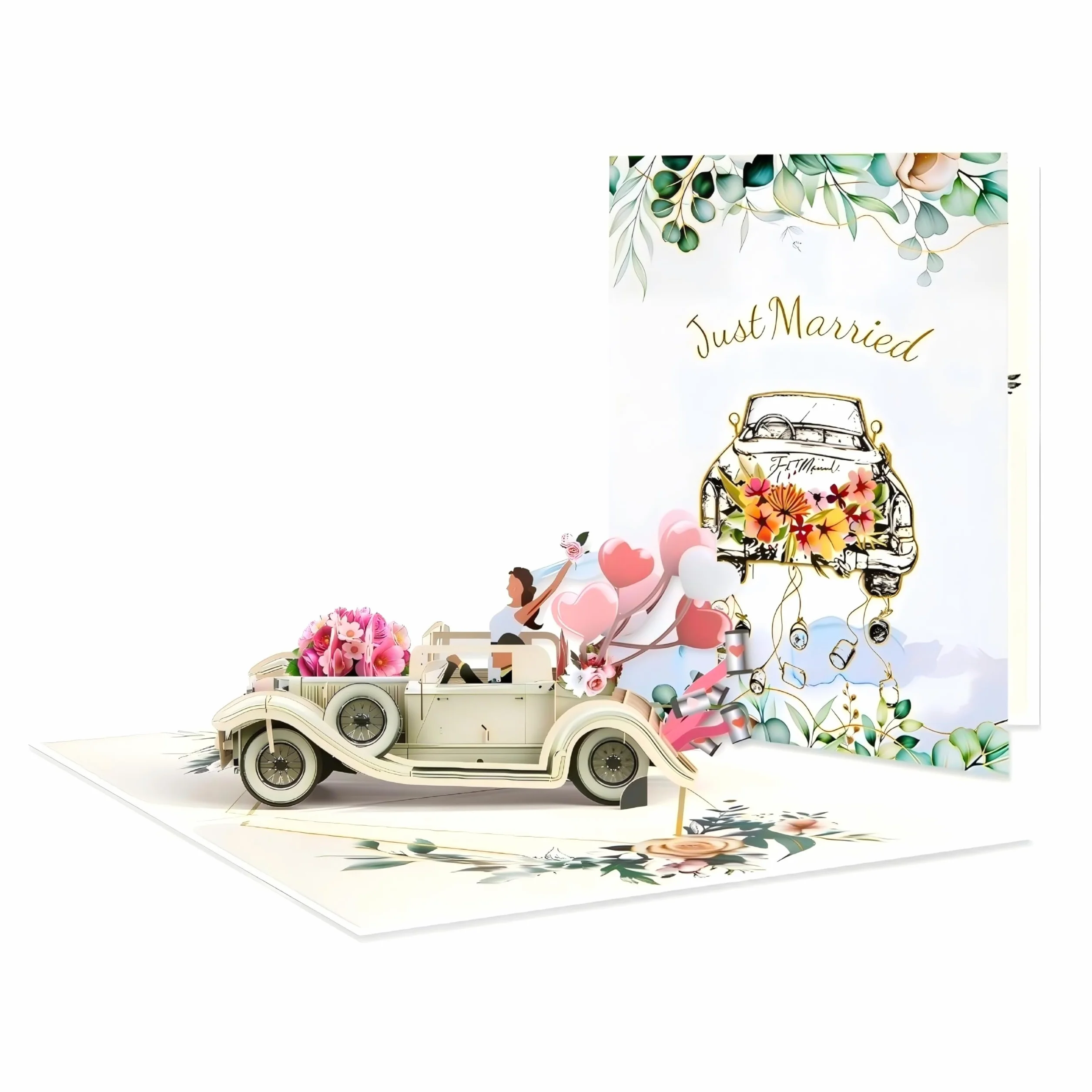 Kartka 3D z życzeniami z okazji ślubu – Just Married kartka z życzeniami z okazji samochodu z parą młodą i balonami w kształcie serca, romantyczna kartka ślubna z okazji ślubu, urząd stanu