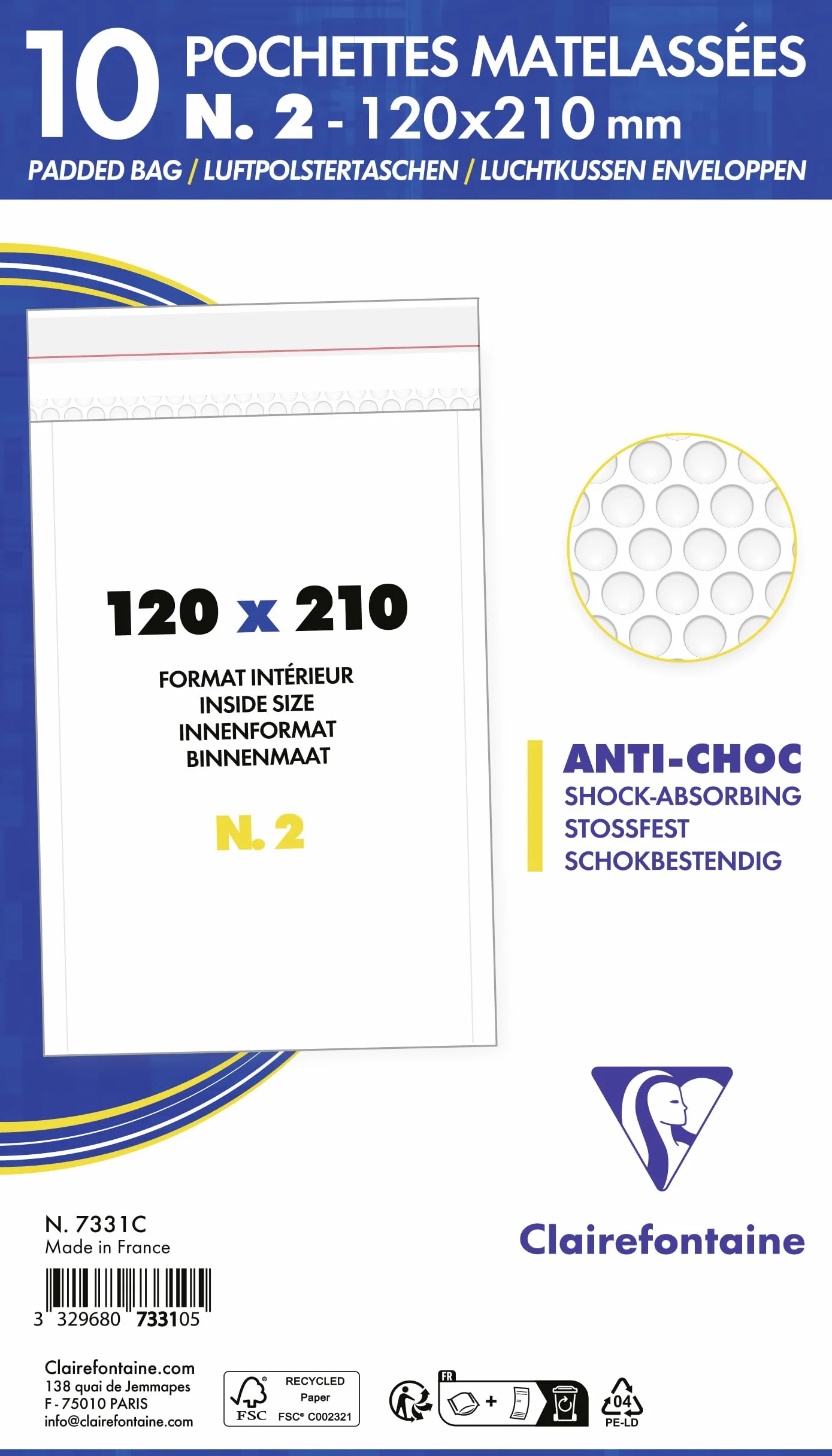 Clairefontaine 7331C – Zestaw 10 białych kopert bąbelkowych 120x210mm – 90g/m²
