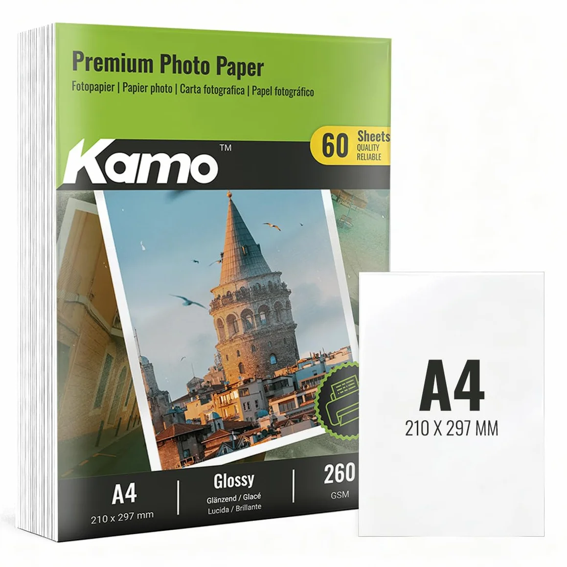 Kamo Błyszczący papier fotograficzny A4 260 g/m² 60 arkuszy do zdjęć plakatów DIY