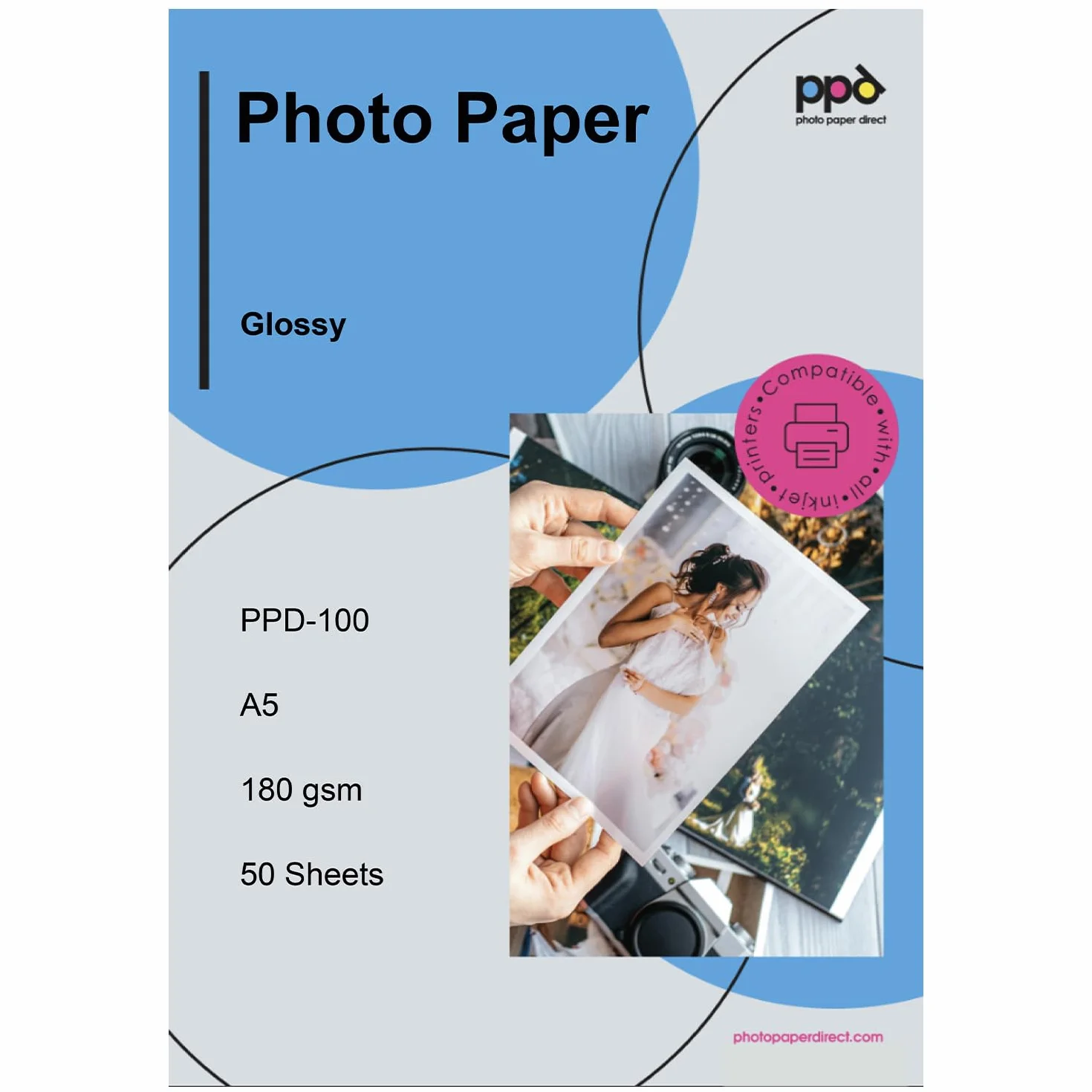 PPD A5 50 Arkuszy 180g Błyszczący Papier Fotograficzny do Drukarek Atramentowych Inkjet - PPD-100-50