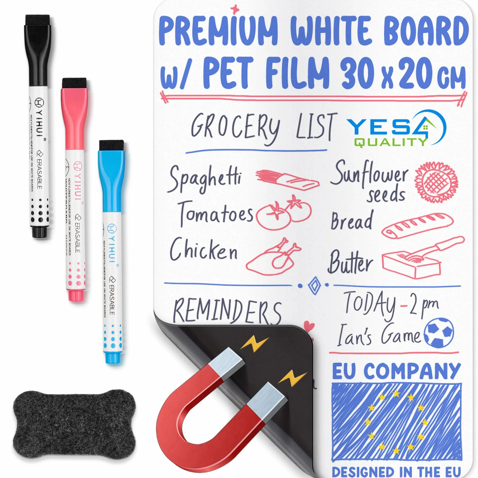 Magnetic Dry Erase Whiteboard Sheet for Fridge - A4 / 30x20 cm - Stain-Resistant w/ 3 Markers & Big Eraser with Magnet - by Yes4Quality