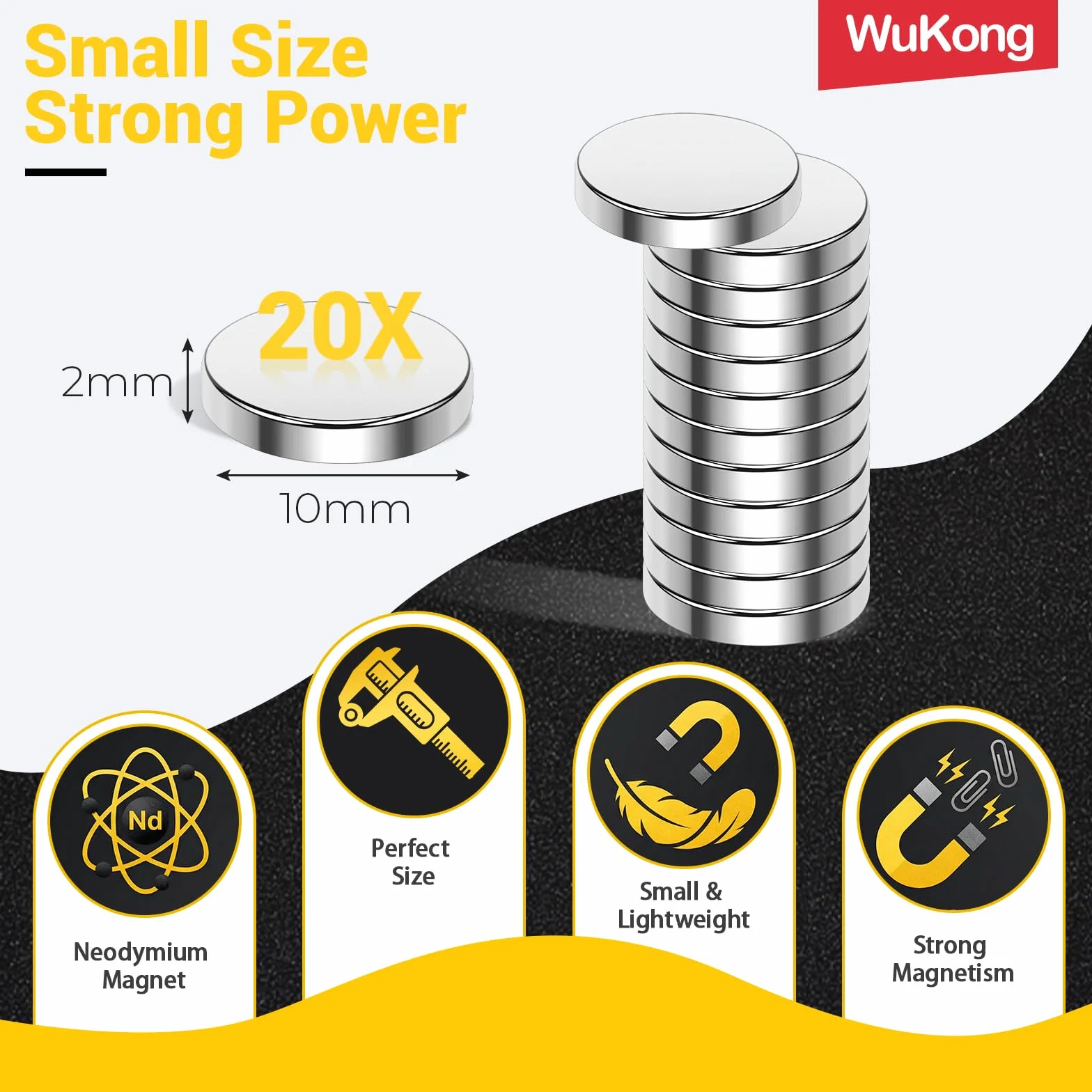 Wukong Magnesy neodymowe 10 x 2 mm, 20 sztuk, ekstra mocne mini magnesy, okrągłe, małe magnesy do tablicy korkowej, na lodówkę, do rzemiosła, biura, kuchni