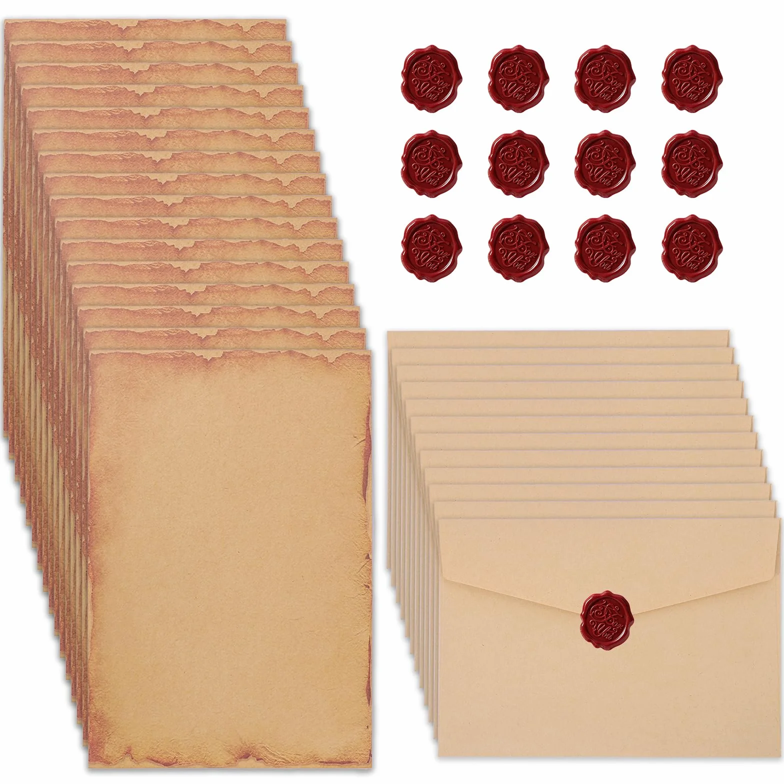 Zestaw 12 Sztuk Papieru Listowego A5, w Stylu Vintage z Kopertą, 12 Kopert z Papieru Typu Kraft,12 Naklejek z Pieczęcią Woskową,16 Arkuszy Listowego,do Listów Miłosnych,Zaproszeń Slubnych (12)
