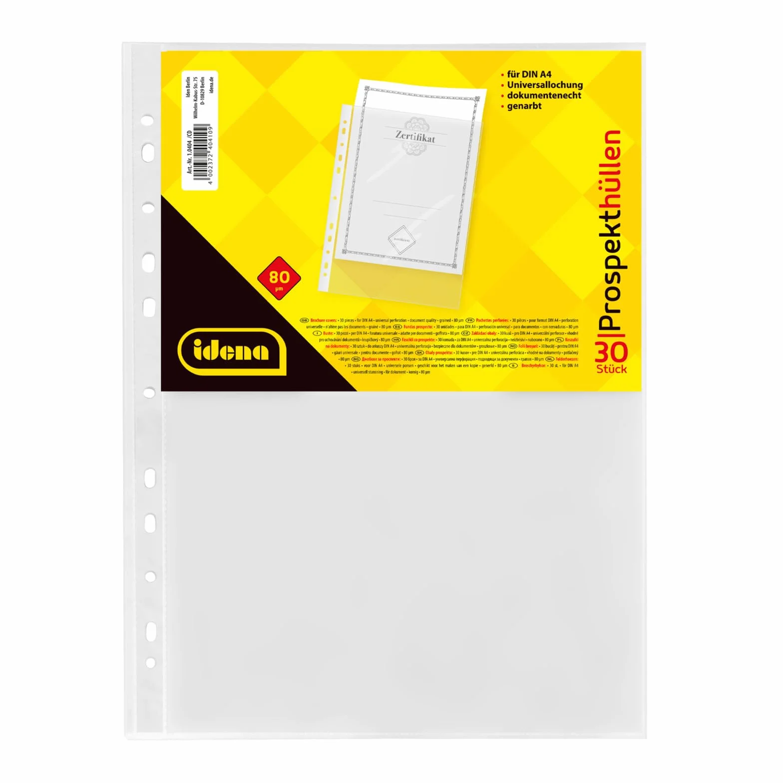 Idena 10404 - Tuleja broszurowa format DIN A4, ziarnista, 80µ, 30 szt.