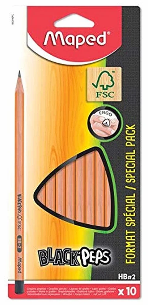 Maped - 10 ołówków grafitowo-czarny & Peps – 10 ołówków & Agrave; HB Paper Painted Tip – ergonomiczne i trójkątne – certyfikowane drewniane kredki w 100% z certyfikatem FSC